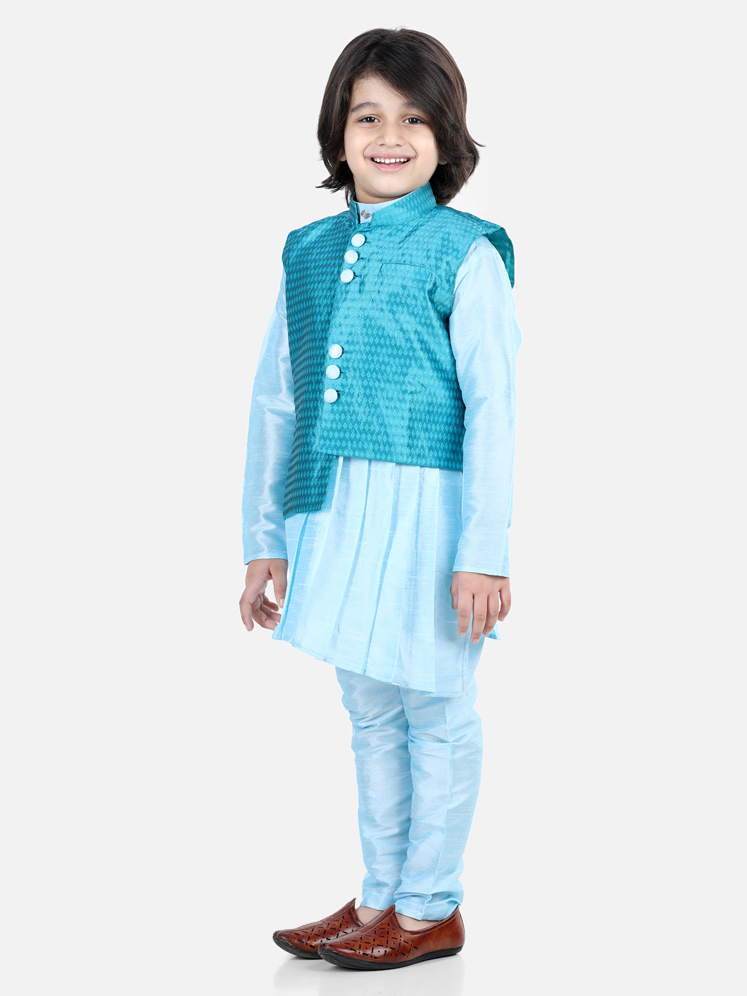 Boys Ethnic Festive Wear Assymetric Kurta Pajama with Jacquard Jacket- Blue NOZ2TOZ - Made In INDIA.