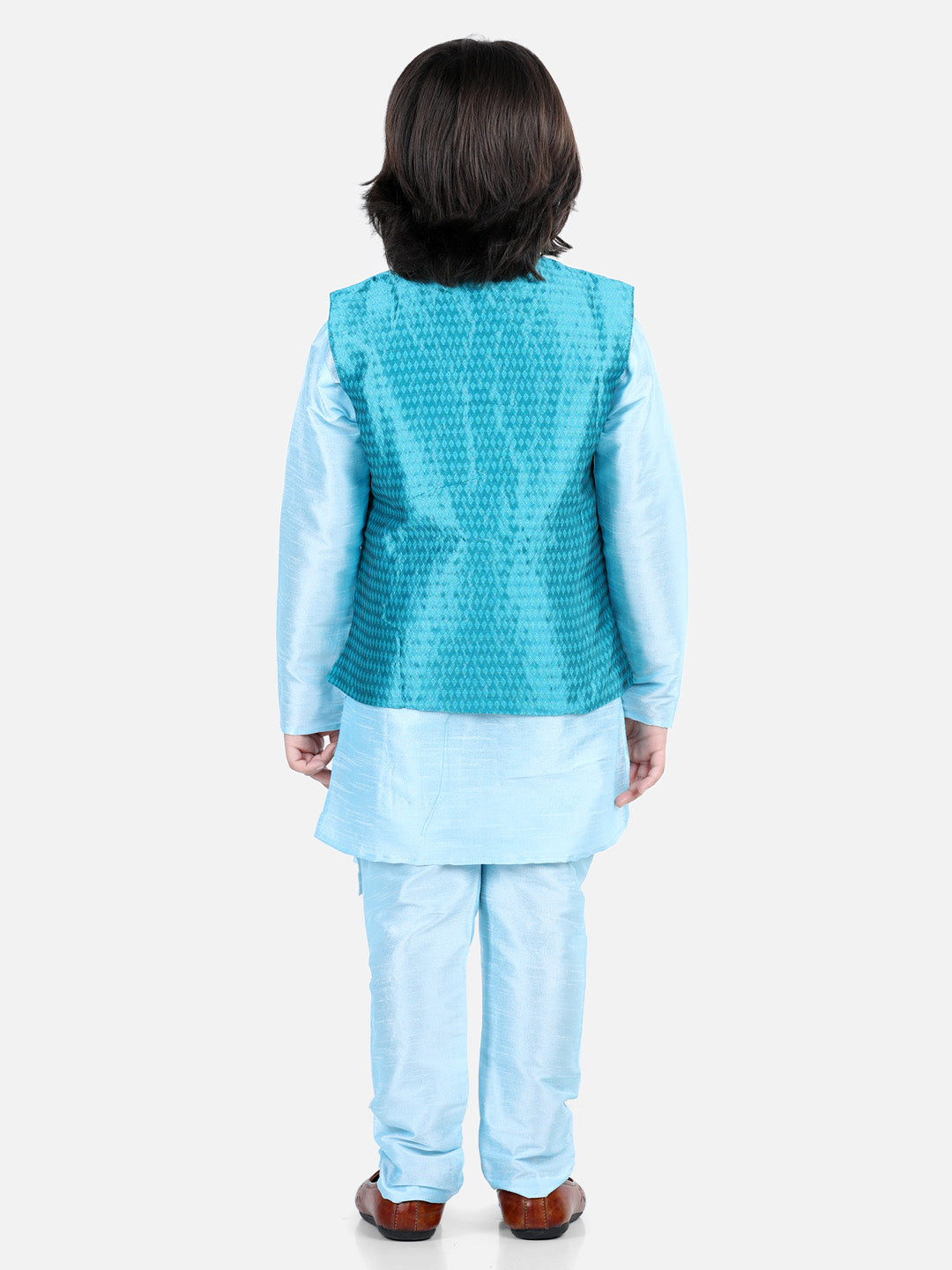 Boys Ethnic Festive Wear Assymetric Kurta Pajama with Jacquard Jacket- Blue NOZ2TOZ - Made In INDIA.