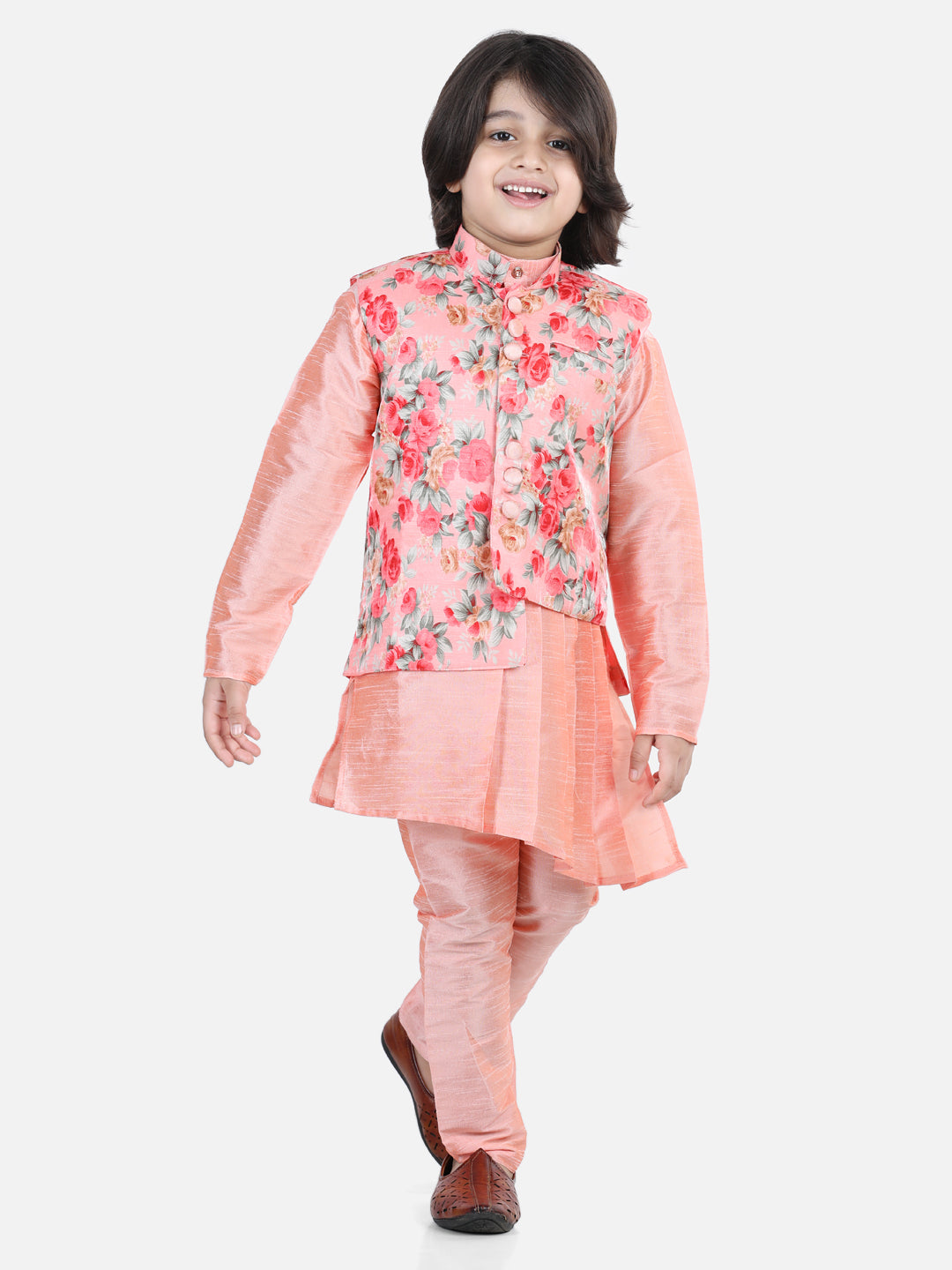 Boys Ethnic Festive Wear Assymetric Kurta Pajama with Floral Printed Jacket-Peach NOZ2TOZ - Made In INDIA.