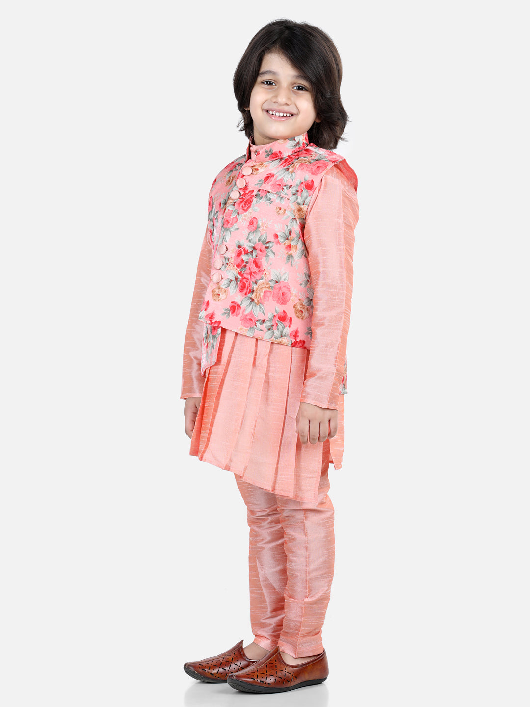 Boys Ethnic Festive Wear Assymetric Kurta Pajama with Floral Printed Jacket-Peach NOZ2TOZ - Made In INDIA.