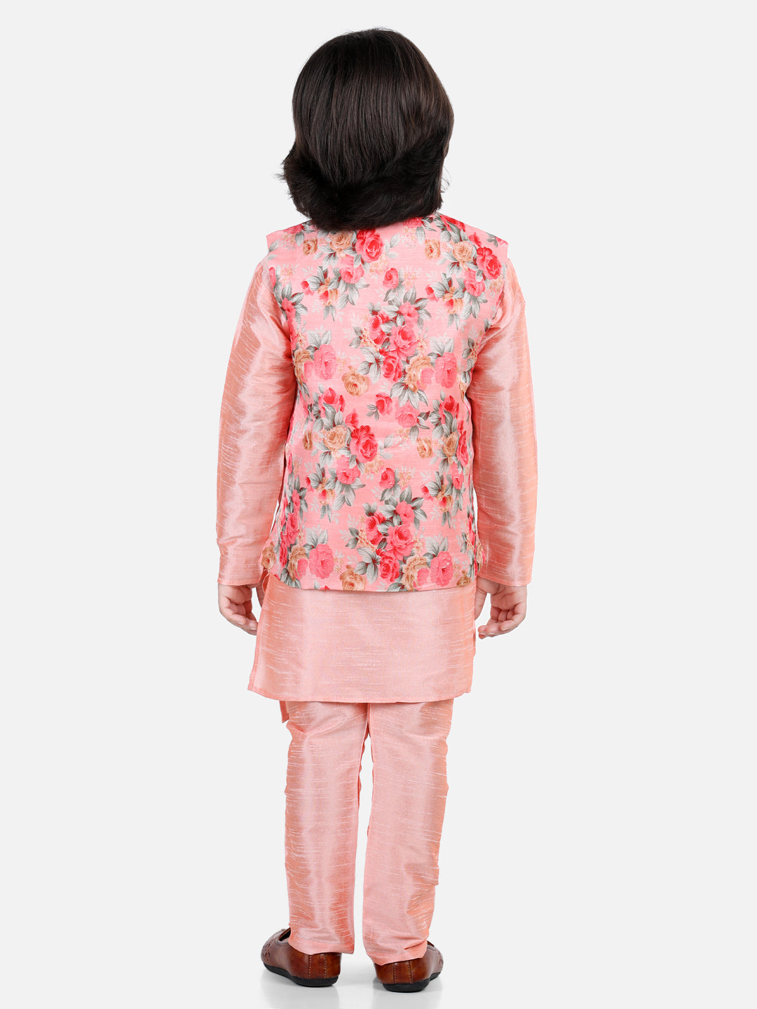 Boys Ethnic Festive Wear Assymetric Kurta Pajama with Floral Printed Jacket-Peach NOZ2TOZ - Made In INDIA.