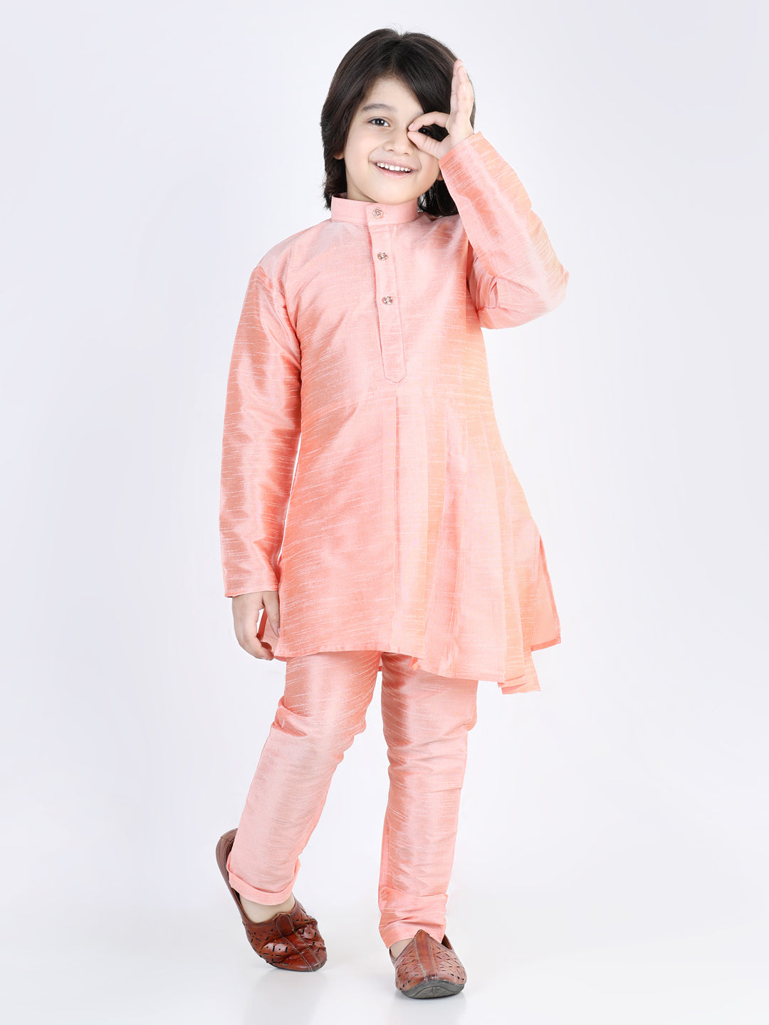 Boys Ethnic Festive Wear Assymetric Kurta Pajama with Floral Printed Jacket-Peach NOZ2TOZ - Made In INDIA.