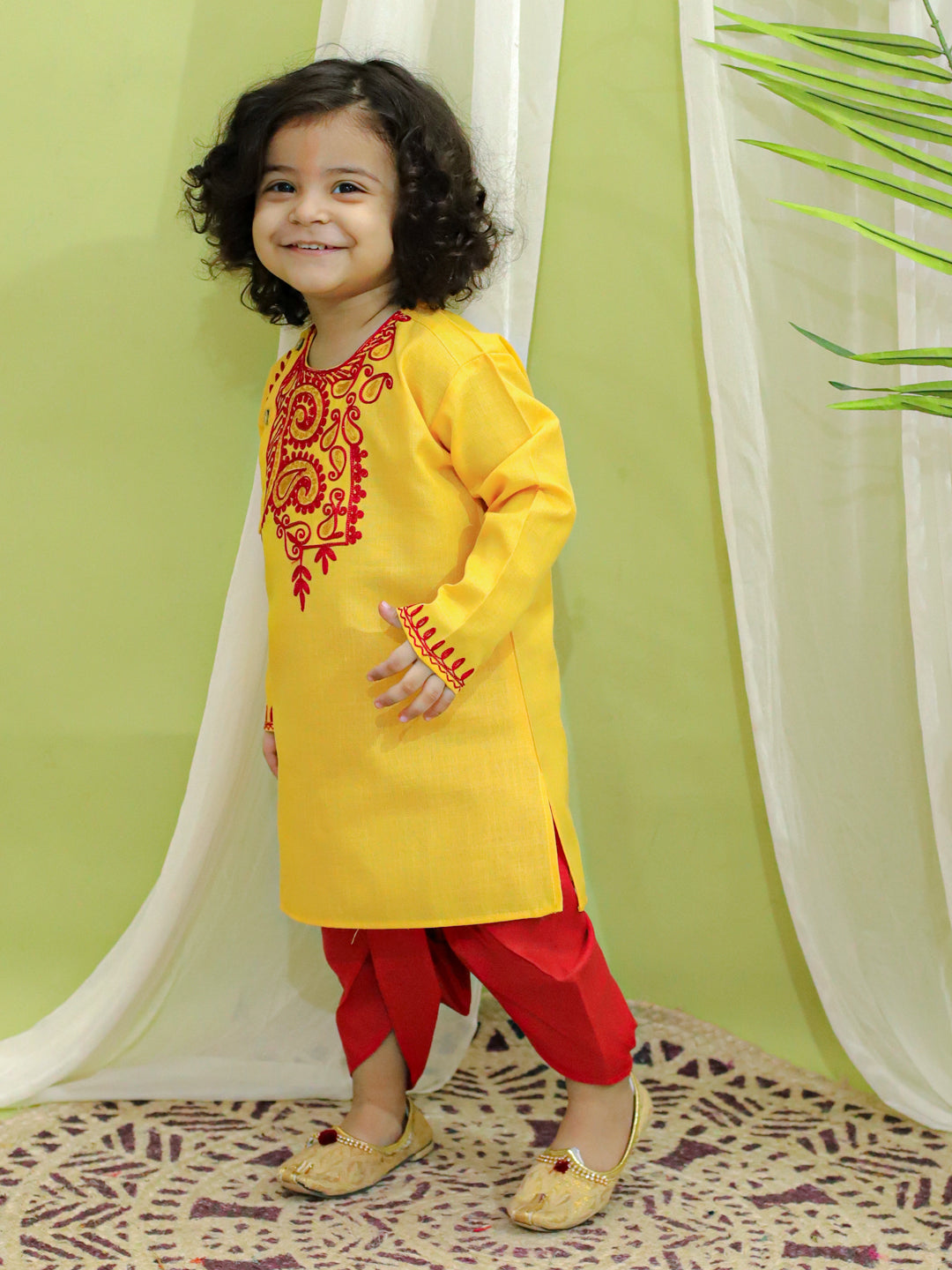 Embroidered Bangali Style Kurta with Dhoti for Boys- Yellow NOZ2TOZ - Made In INDIA.
