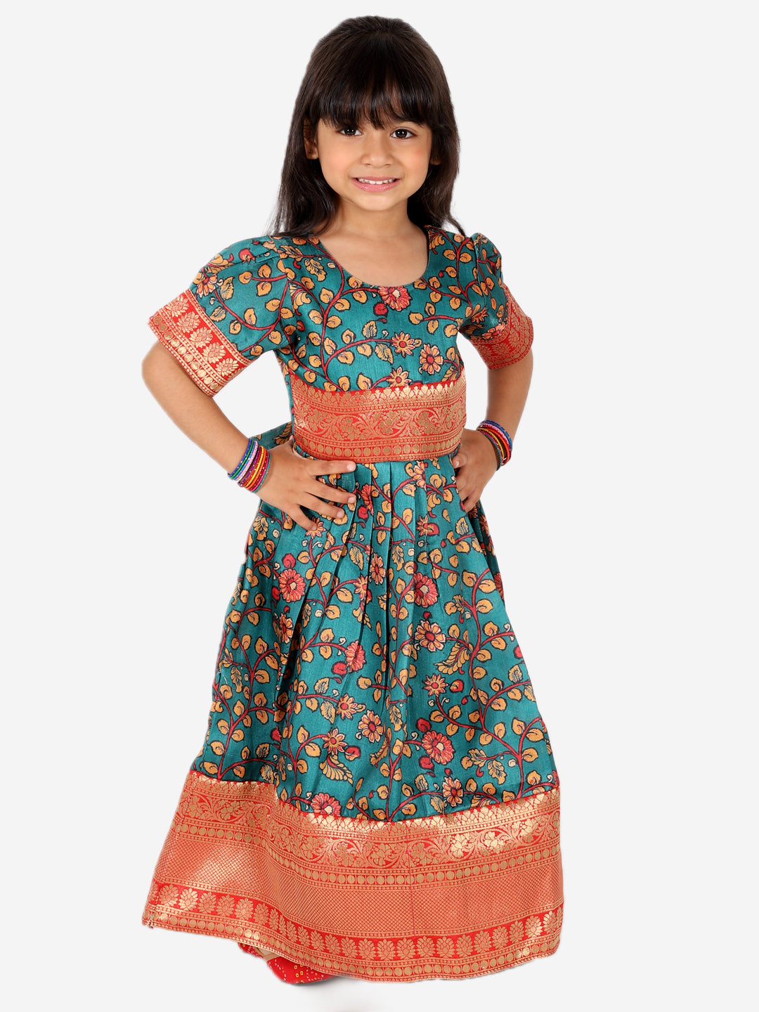 Kalamkari Print Party Dress Gown for Girls- Green NOZ2TOZ - Made In INDIA.