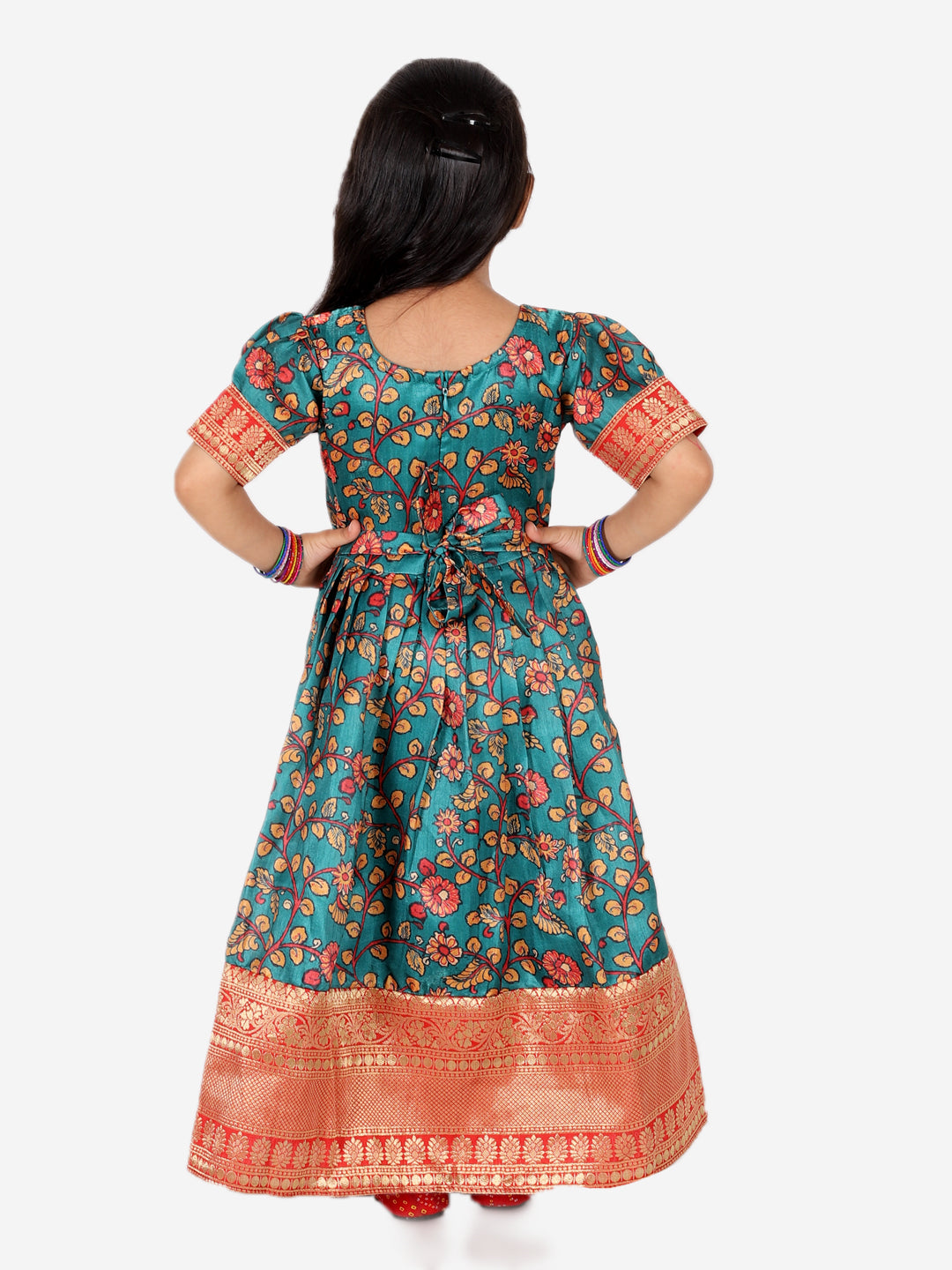 Kalamkari Print Party Dress Gown for Girls- Green NOZ2TOZ - Made In INDIA.