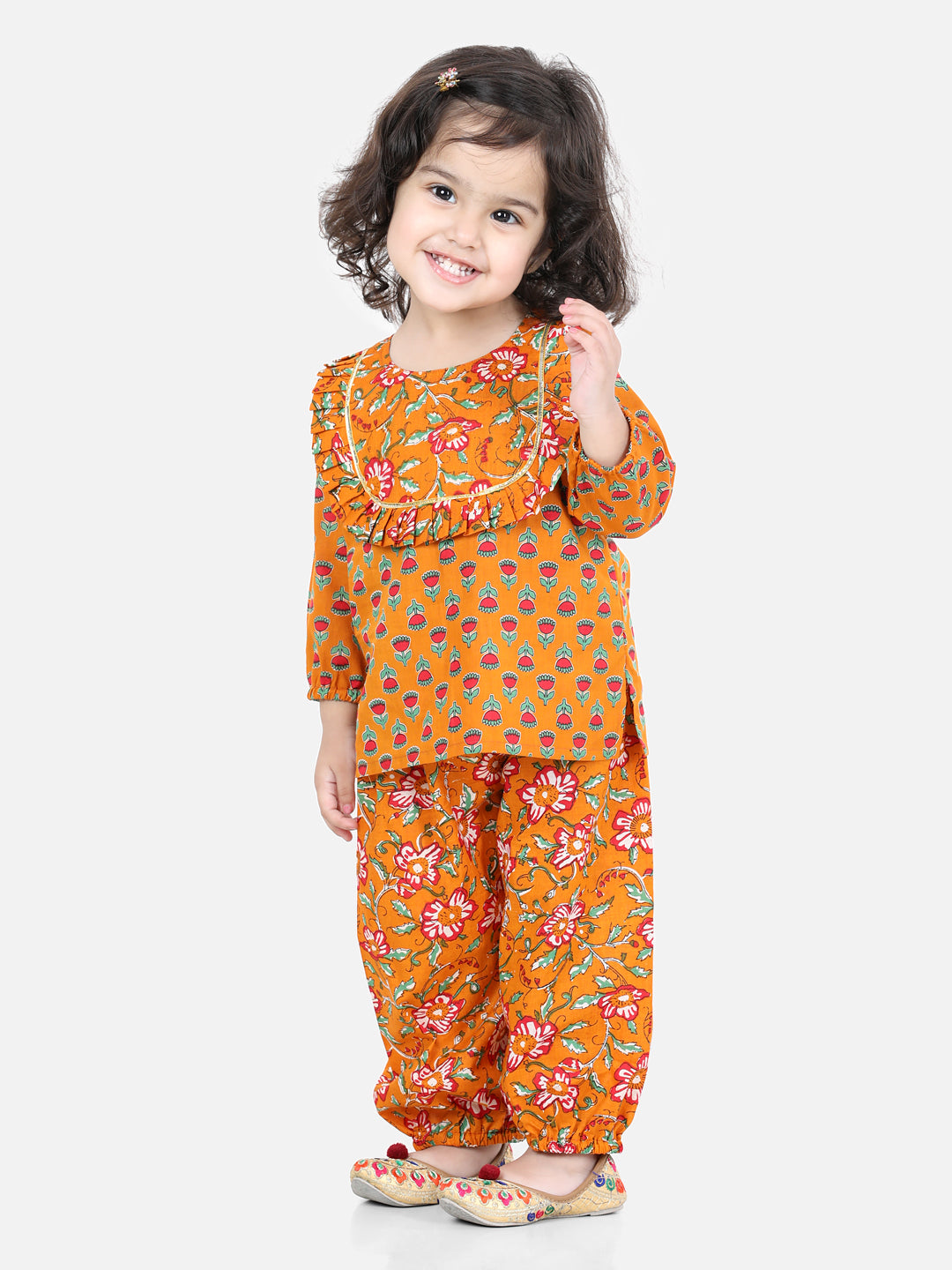 Girls Pure Cotton Printed Top Harem pant Indo Western Clothing Set - Orange NOZ2TOZ - Made In INDIA.