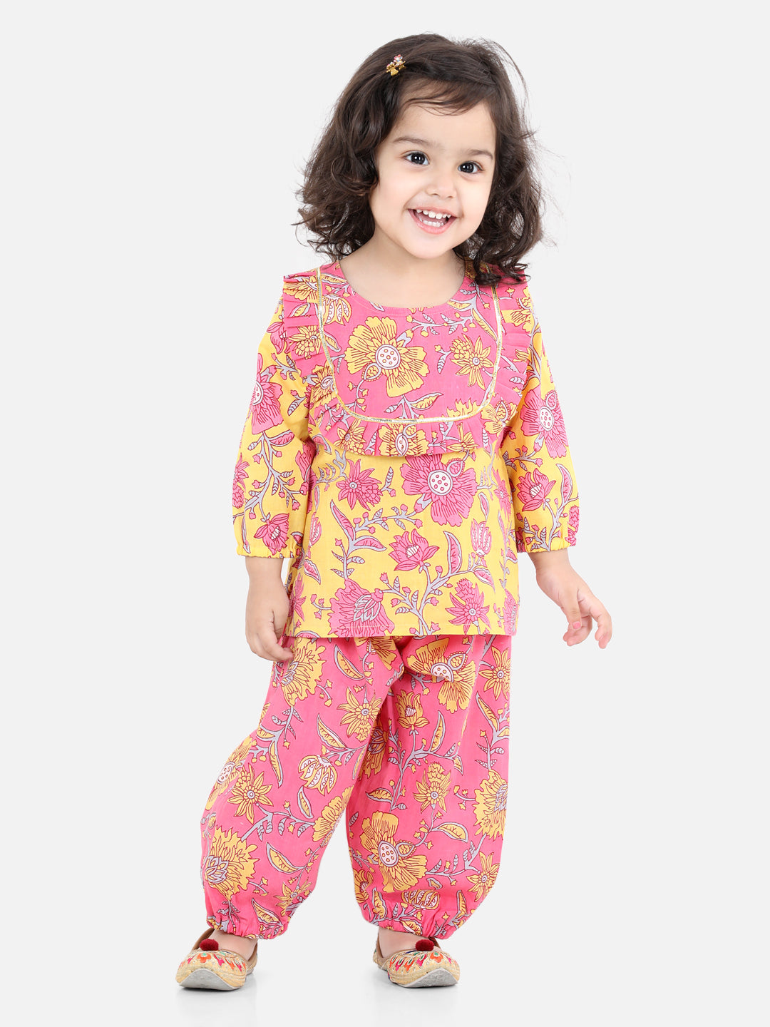 Girls Pure Cotton Printed Top Harem pant Indo Western Clothing Set -Yellow NOZ2TOZ - Made In INDIA.