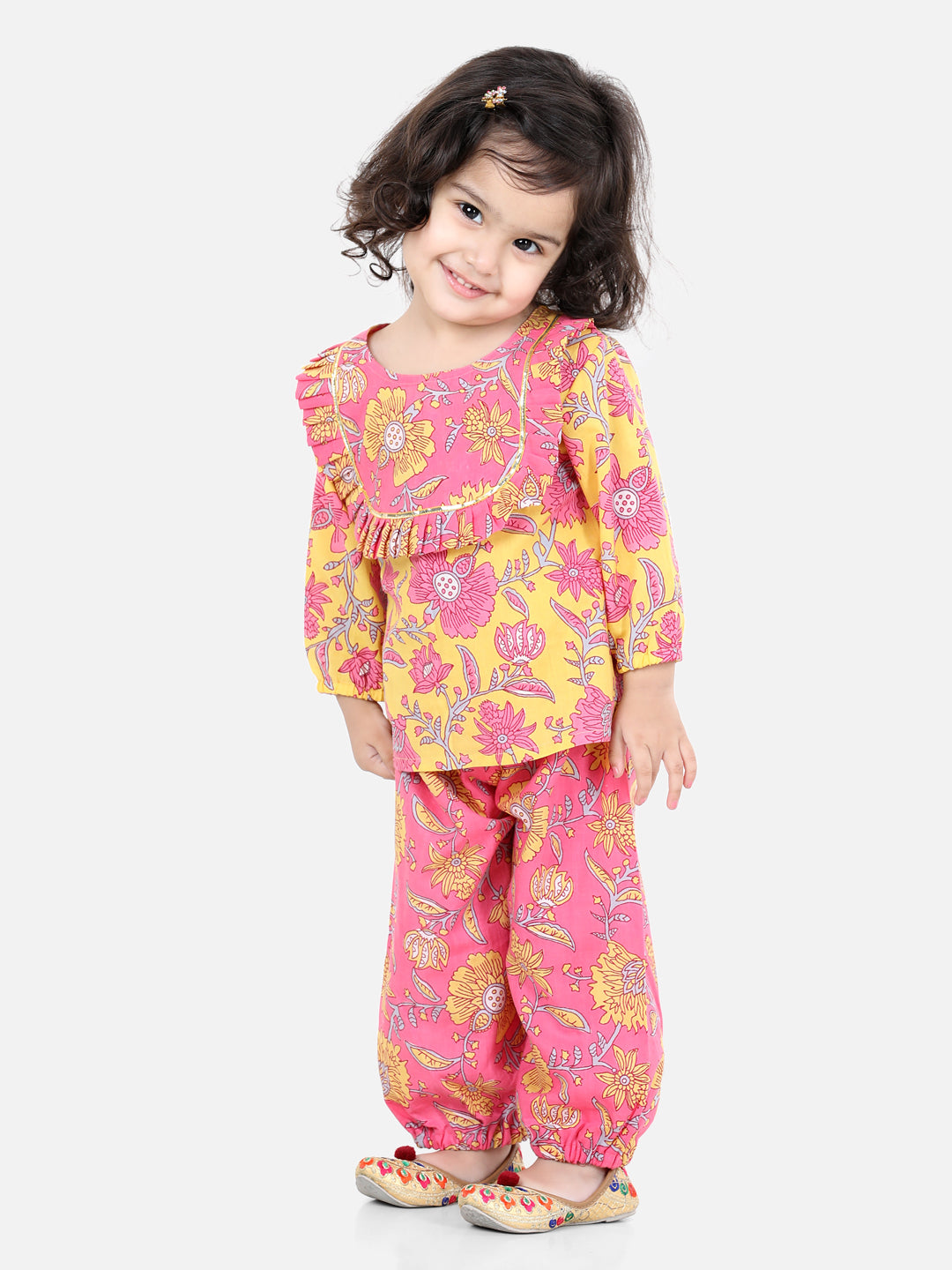 Girls Pure Cotton Printed Top Harem pant Indo Western Clothing Set -Yellow NOZ2TOZ - Made In INDIA.