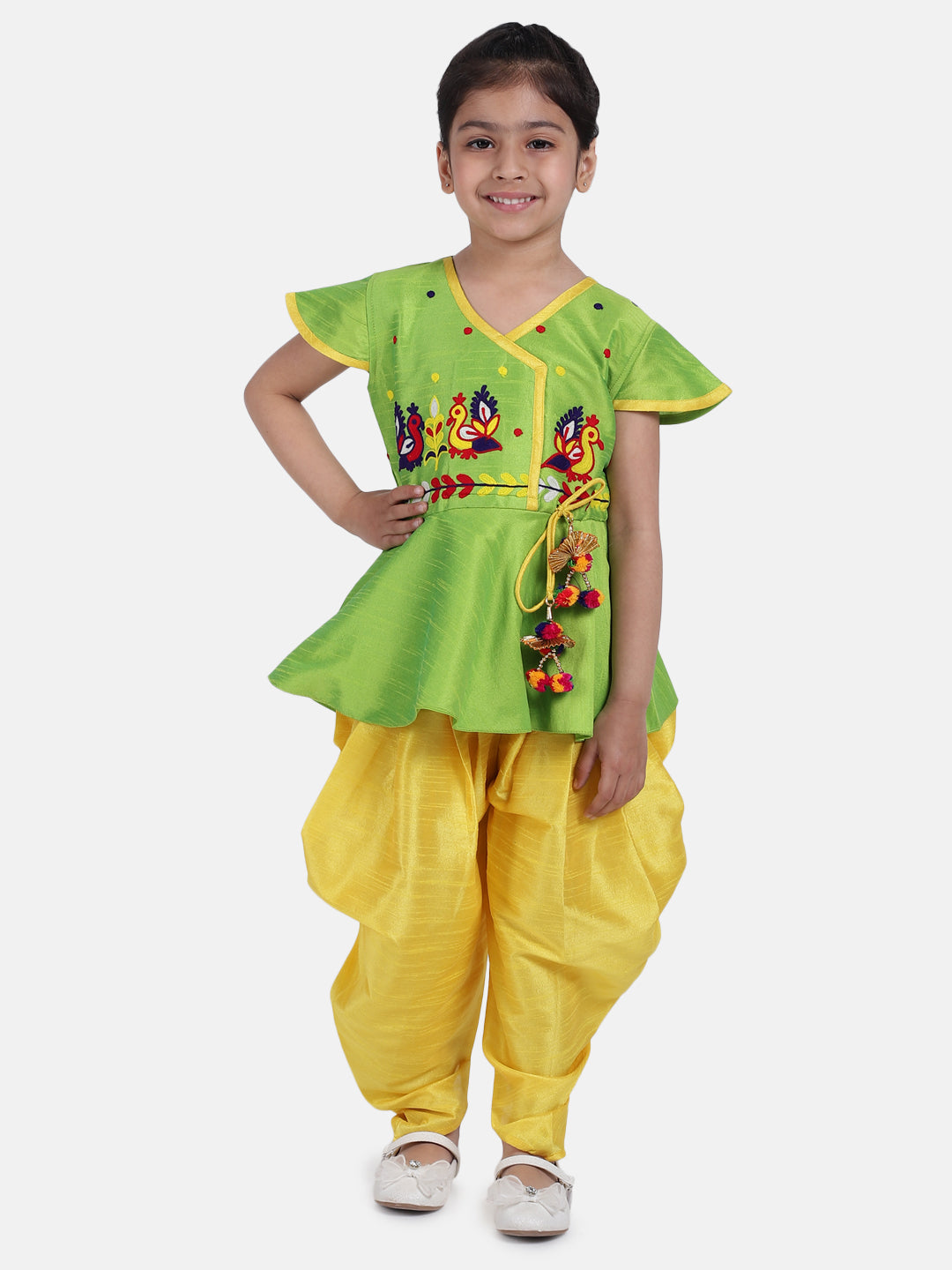 Girls Ethnic Festive wear Peacock Embroidery Peplum Dhoti Indo Western Clothing sets Green NOZ2TOZ - Made In INDIA.