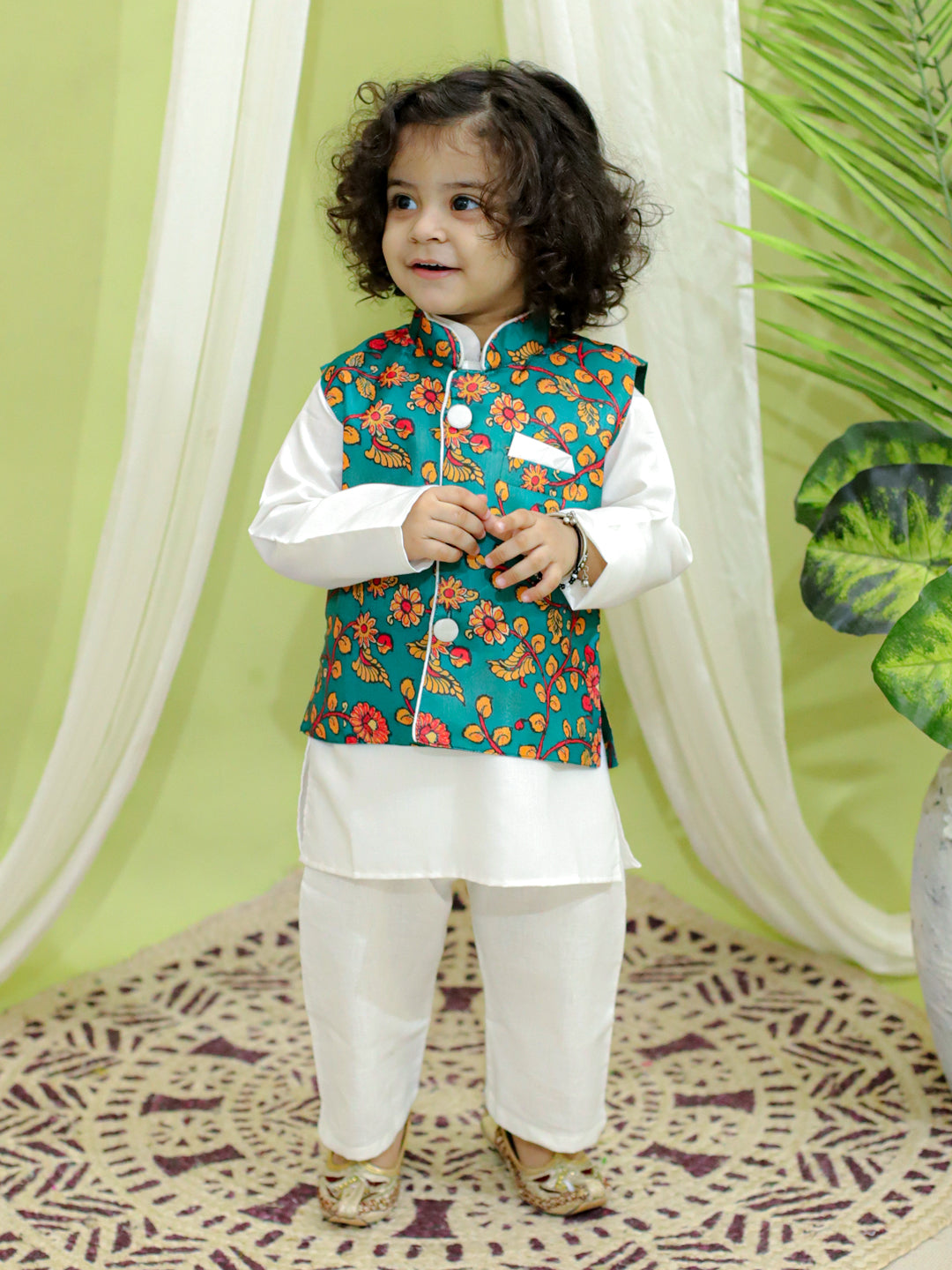 Ethnic Festive Kalamkari Print Jacket with Kurta Pajama for Boys- Green NOZ2TOZ - Made In INDIA.