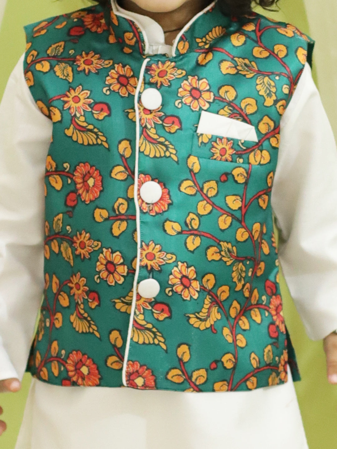 Kalamkari Print Jacket with Kurta Pajama for Boys- Green NOZ2TOZ - Made In INDIA.