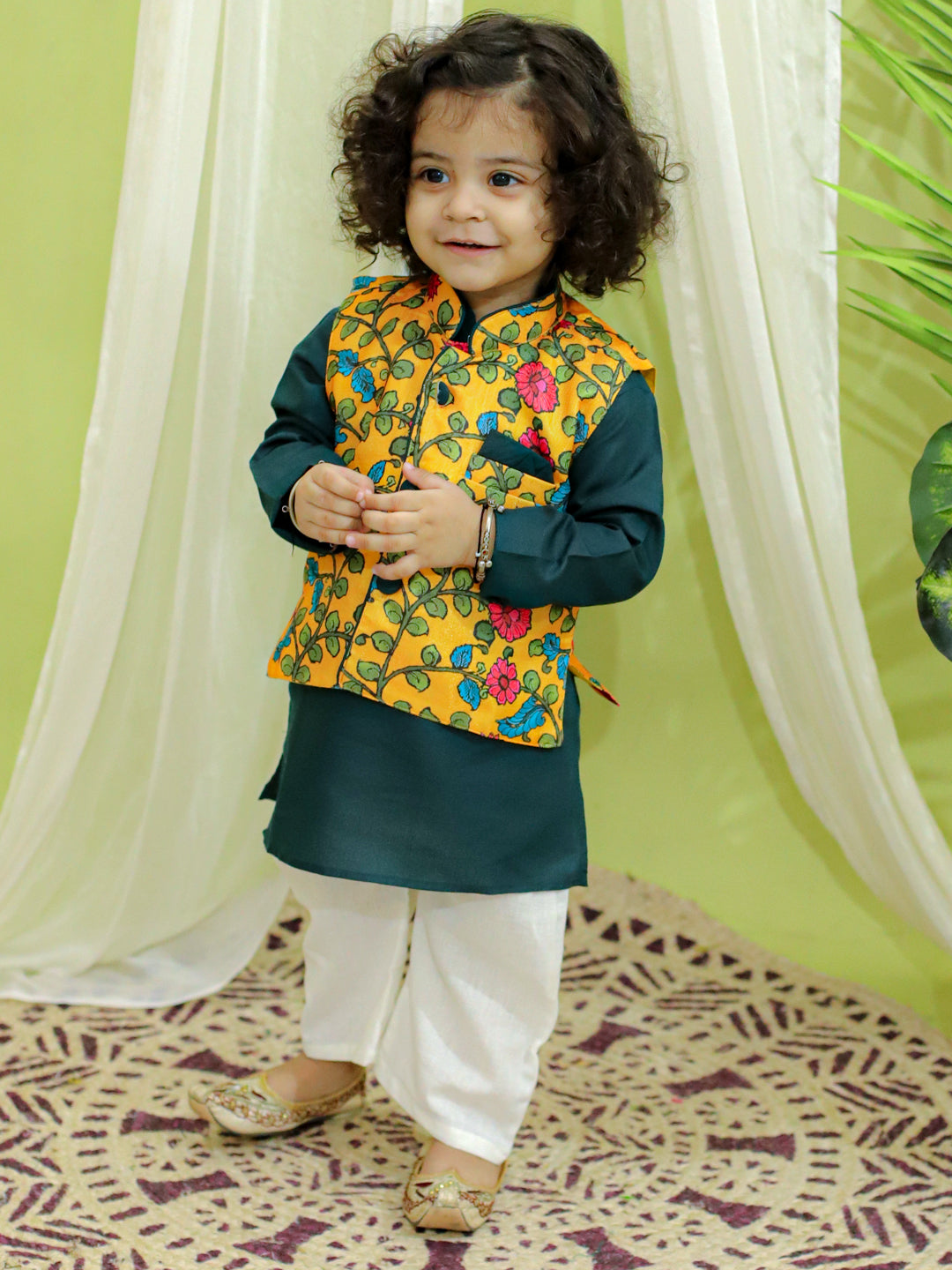 Ethnic Festive Kalamkari Print Jacket with Kurta Pajama for Boys- Yellow NOZ2TOZ - Made In INDIA.