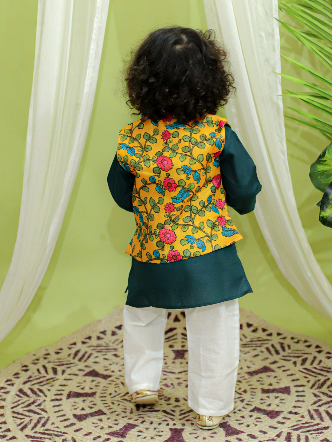 Ethnic Festive Kalamkari Print Jacket with Kurta Pajama for Boys- Yellow NOZ2TOZ - Made In INDIA.