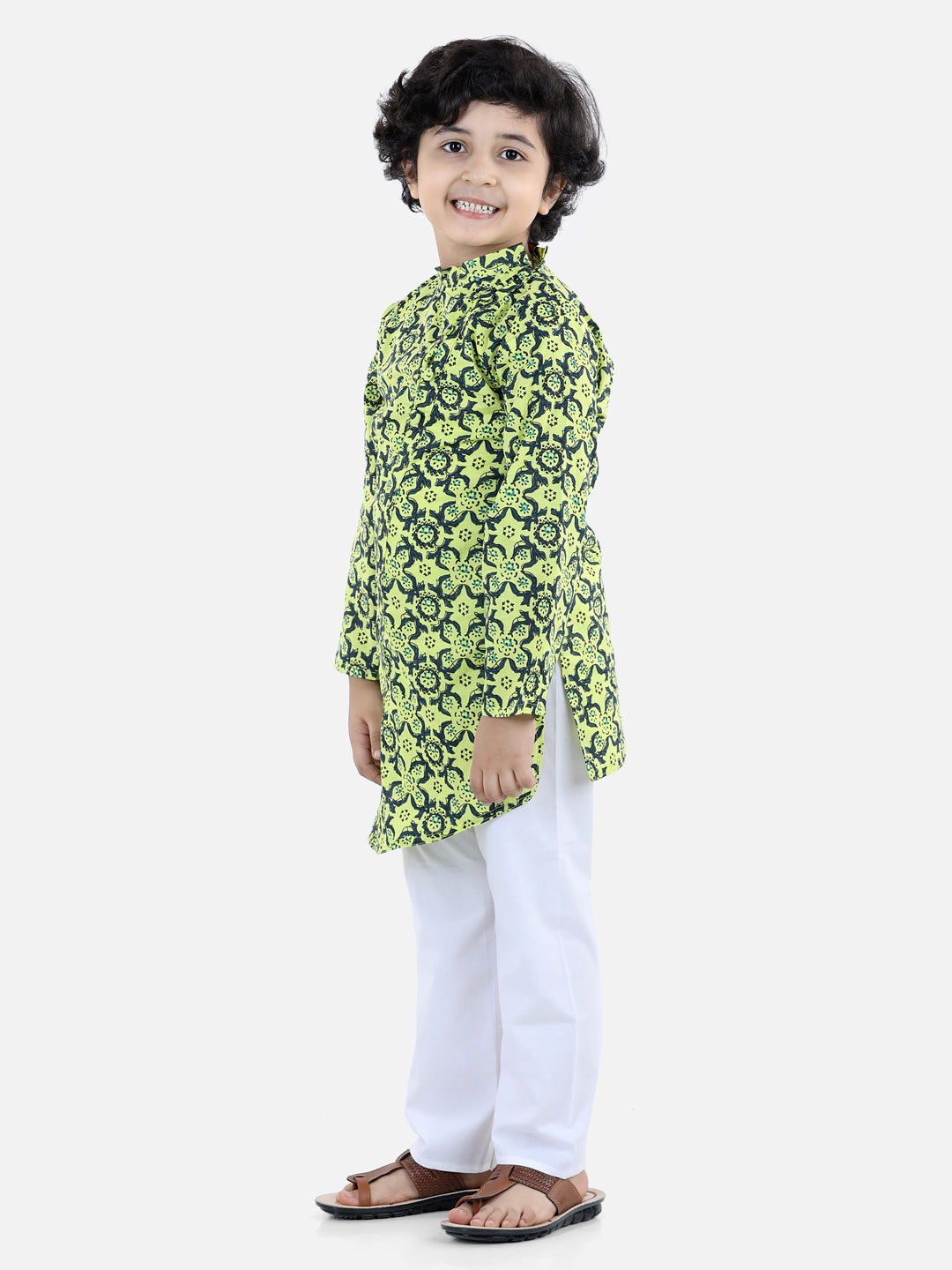 Boys Cotton Floral printed Asymmetric Front Open Kurta Pajama- Yellow NOZ2TOZ - Made In INDIA.