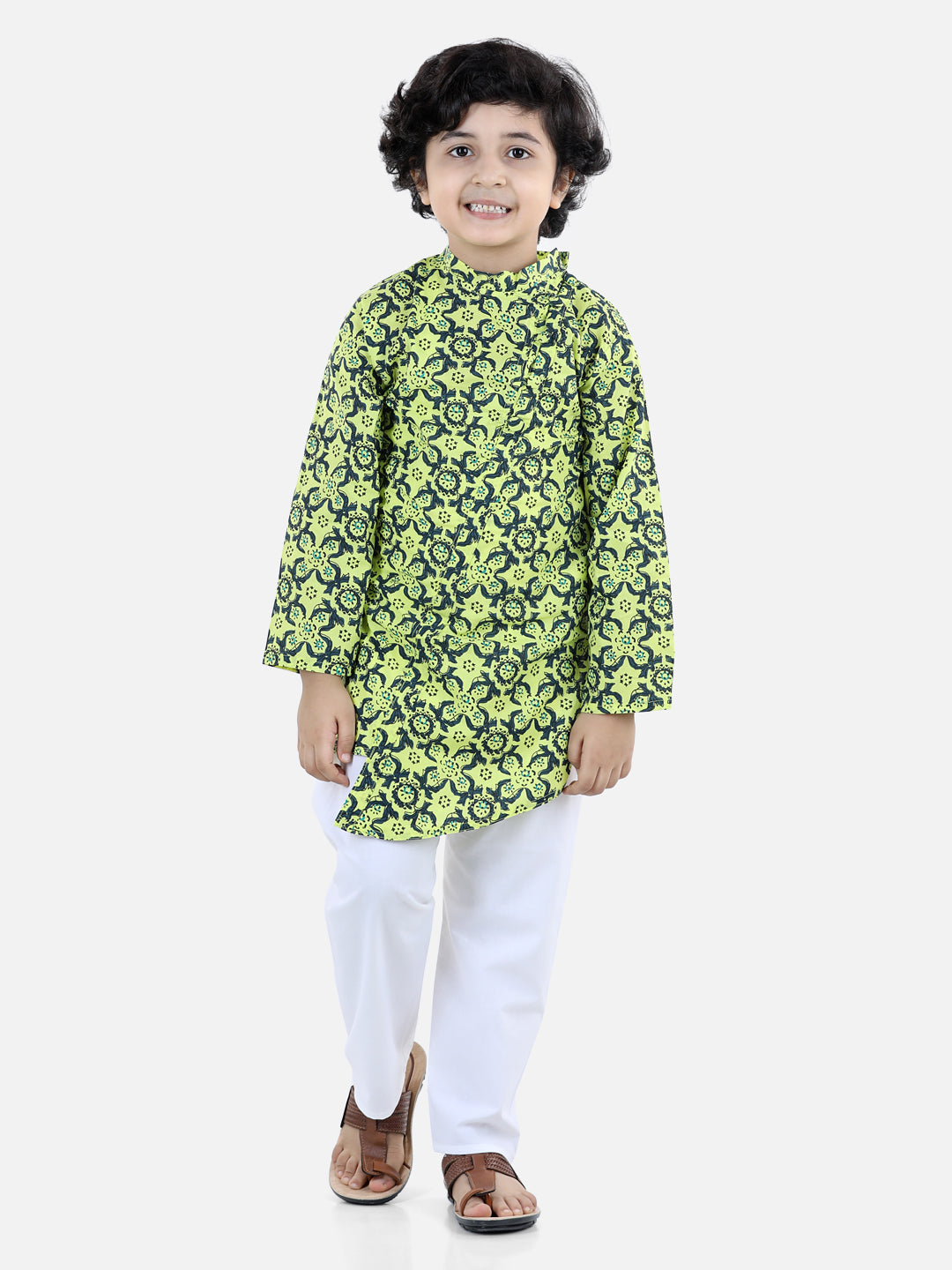 Boys Cotton Floral printed Asymmetric Front Open Kurta Pajama- Yellow NOZ2TOZ - Made In INDIA.