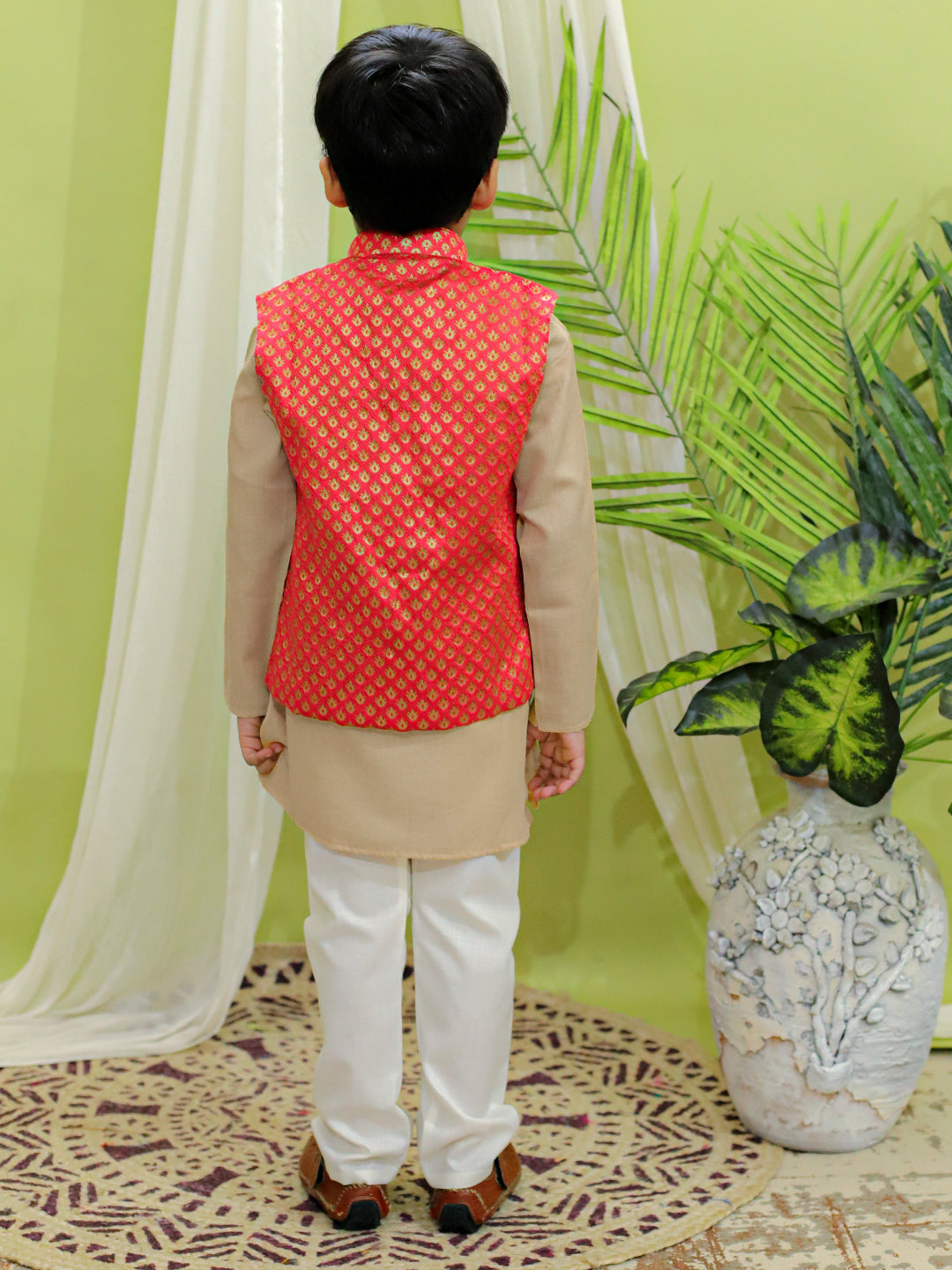 Boys Ethnic Fetive Wear Jacquard Nehru Jacket with Cotton Kurta Pajama Sets Coral NOZ2TOZ - Made In INDIA.