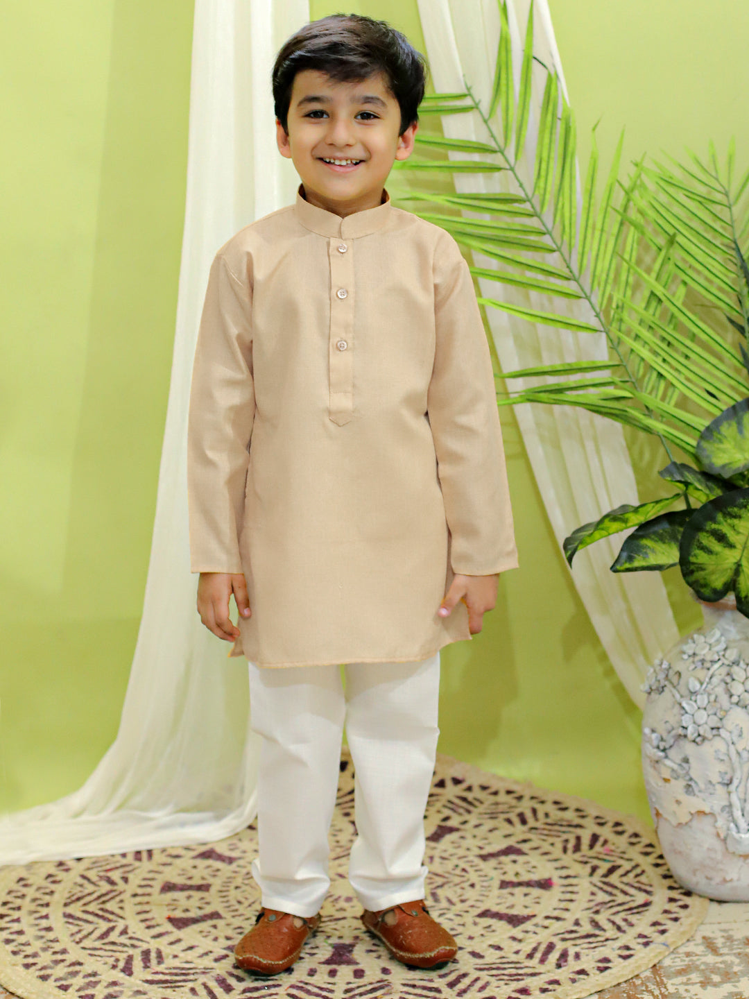 Boys Ethnic Fetive Wear Jacquard Nehru Jacket with Cotton Kurta Pajama Sets Coral NOZ2TOZ - Made In INDIA.