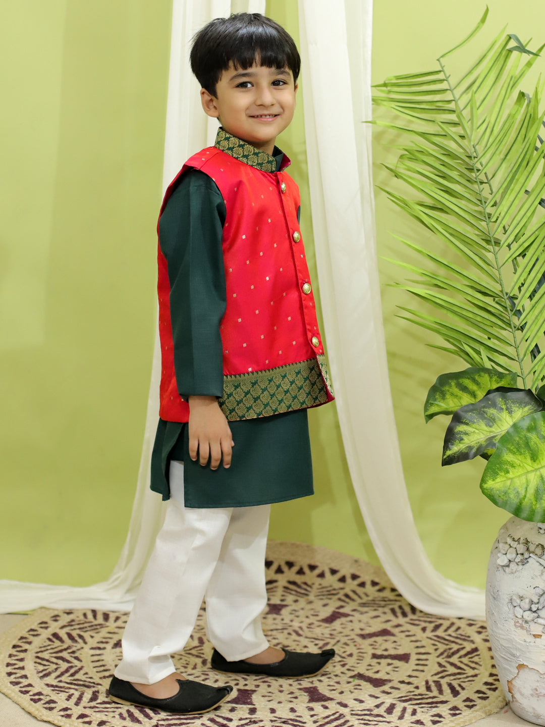 Ethnic Festive Wear Silk Jacket with Cotton Kurta Pajama for Boys- Pink NOZ2TOZ - Made In INDIA.