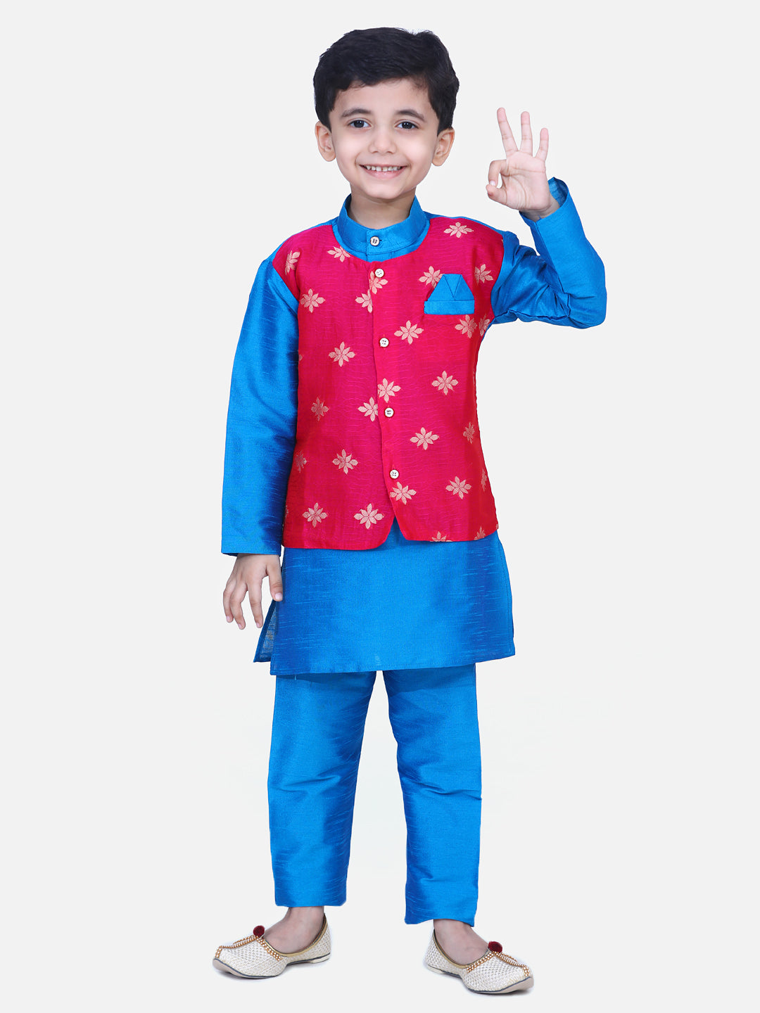 Boys Ethnic Wear Attached Chiffon printed Jacket Full Sleeve Kurta Pajama- Blue NOZ2TOZ - Made In INDIA.