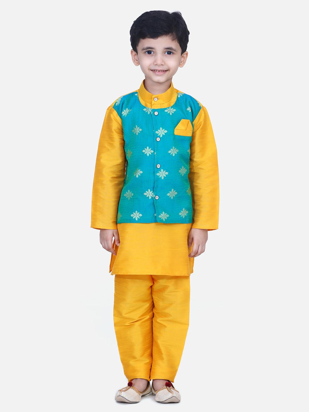 Boys Ethnic Wear Attached Chiffon printed Jacket Full Sleeve Kurta Pajama- Orange NOZ2TOZ - Made In INDIA.