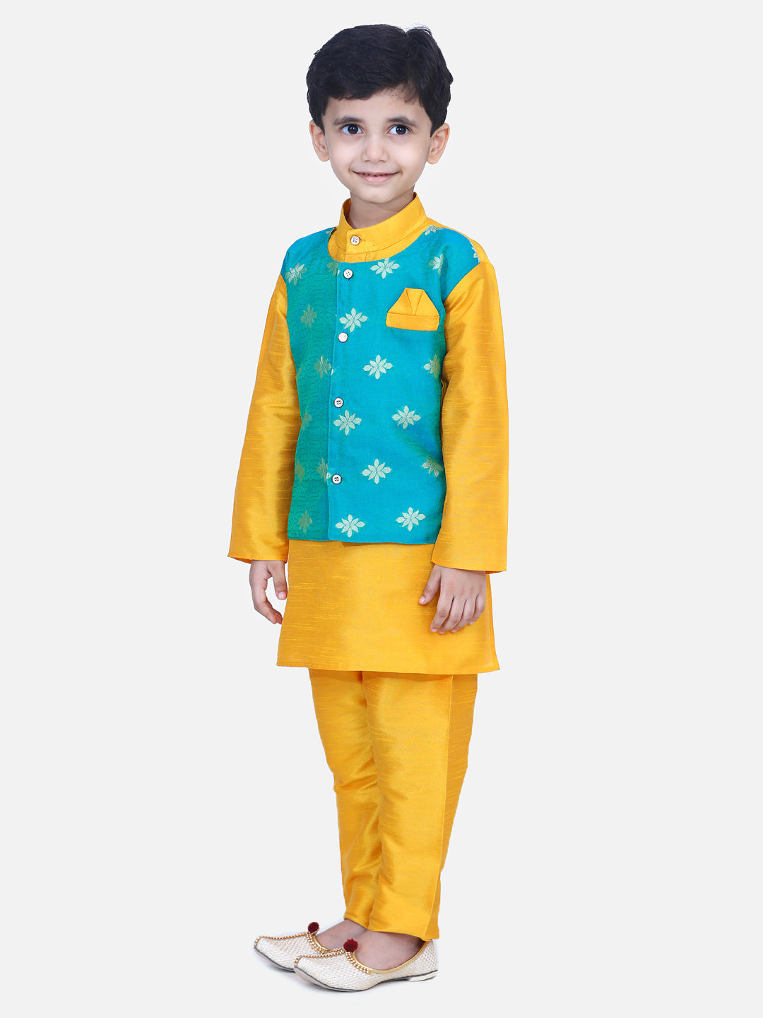 Boys Ethnic Wear Attached Chiffon printed Jacket Full Sleeve Kurta Pajama- Orange NOZ2TOZ - Made In INDIA.