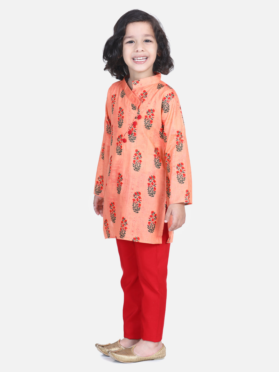 Boys Floral Print Cotton Kurta Pajama- Peach NOZ2TOZ - Made In INDIA.