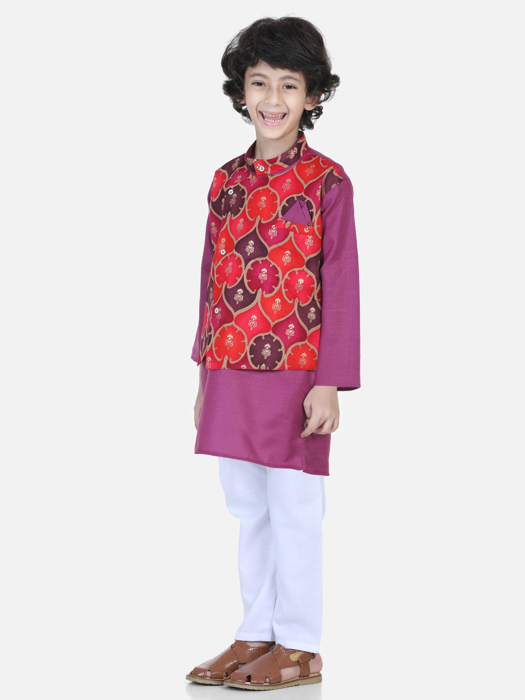 Boys Festive wear Attached Printed Jacket Kurta Pajama -Purple NOZ2TOZ - Made In INDIA.