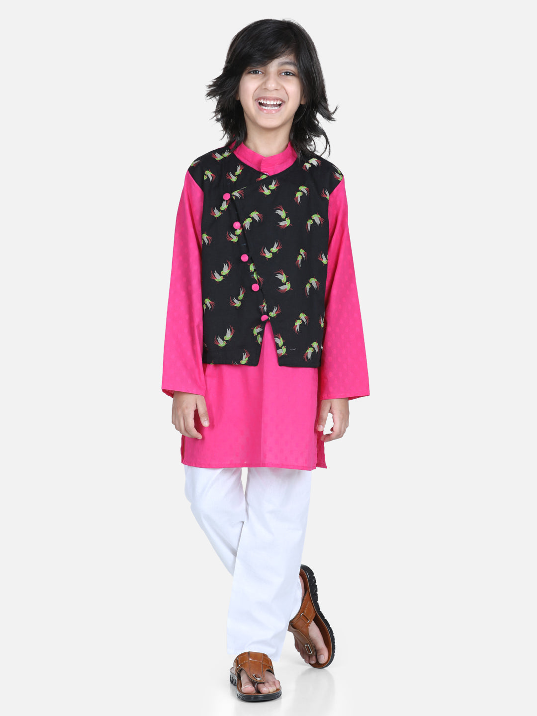 Boys Ethnic Festive Wear Cotton Attached Floral Jacket Kurta Pajama - Black NOZ2TOZ - Made In INDIA.