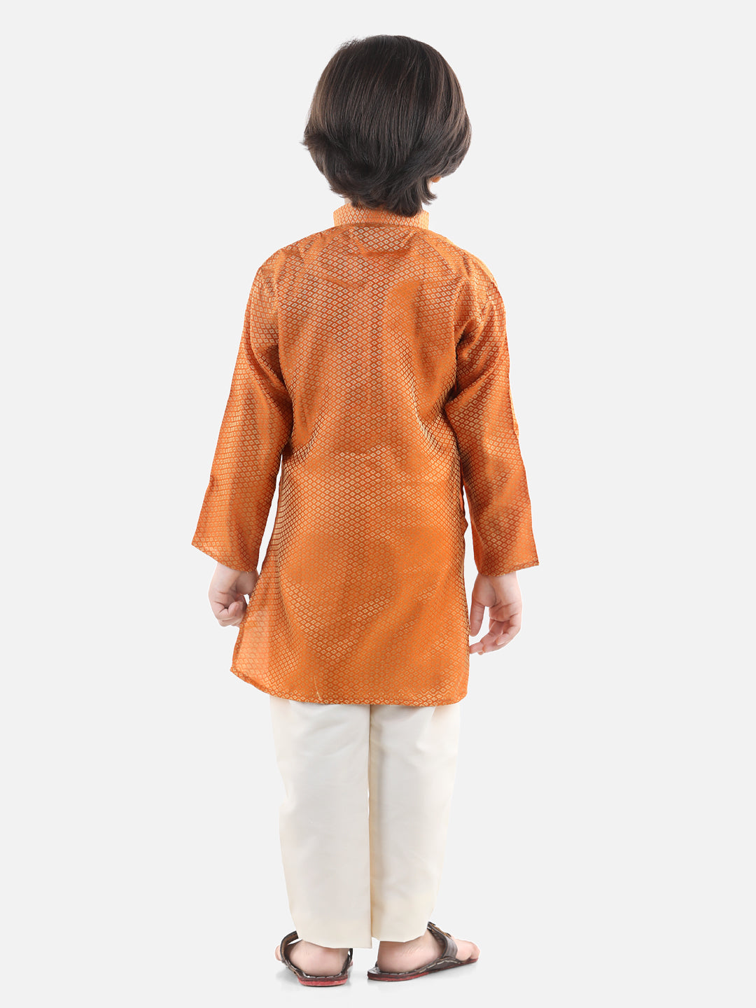 Boys Ethnic Full Sleeve Jacquard Kurta Pajama- Orange NOZ2TOZ - Made In INDIA.