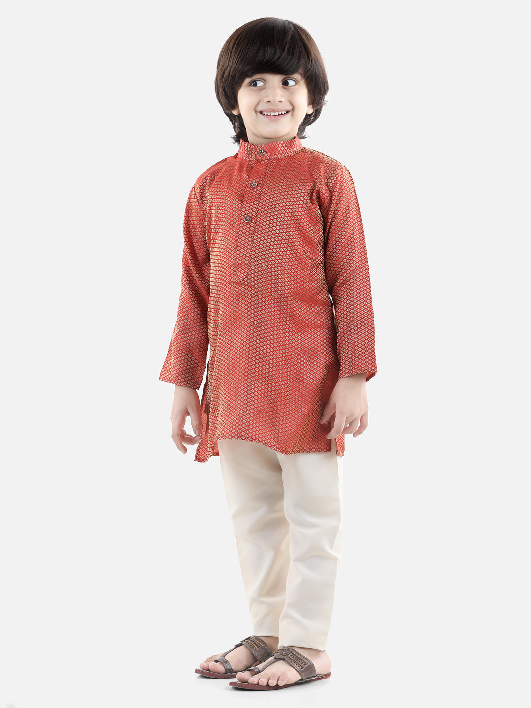 Boys Ethnic Full Sleeve Jacquard Kurta Pajama- Red NOZ2TOZ - Made In INDIA.