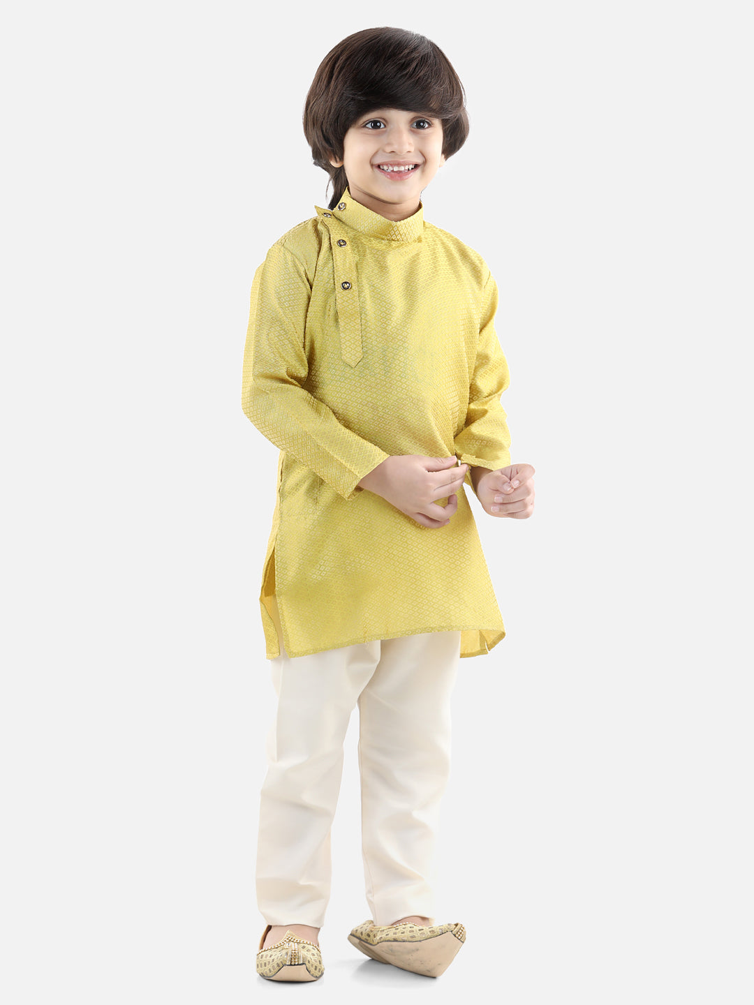Boys Ethnic Full Sleeve Jacquard Kurta Pajama- Yellow NOZ2TOZ - Made In INDIA.