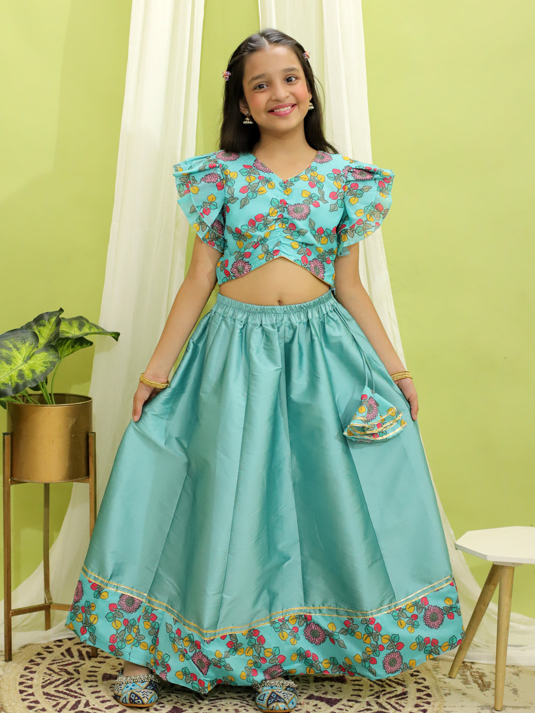 Girls Ethnic Wear Chanderi Floral Print Choli with Lehenga - Blue NOZ2TOZ - Made In INDIA.