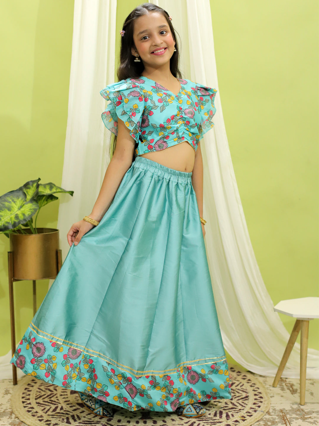 Girls Ethnic Wear Chanderi Floral Print Choli with Lehenga - Blue NOZ2TOZ - Made In INDIA.