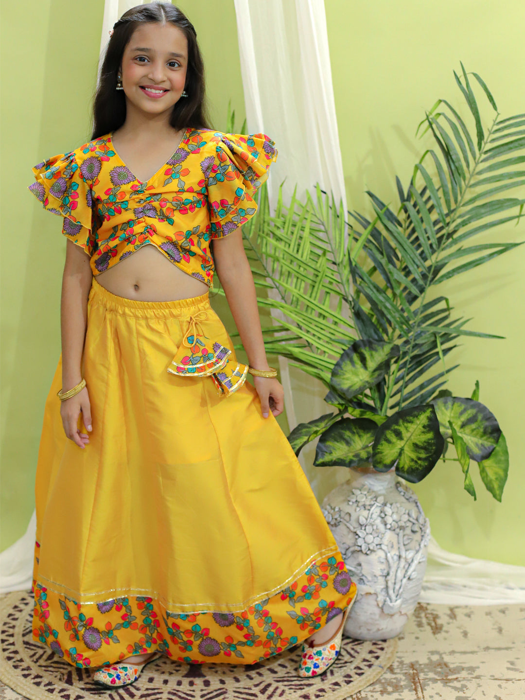 Girls Ethnic Wear Chanderi Floral Print Choli with Lehenga - Yellow NOZ2TOZ - Made In INDIA.