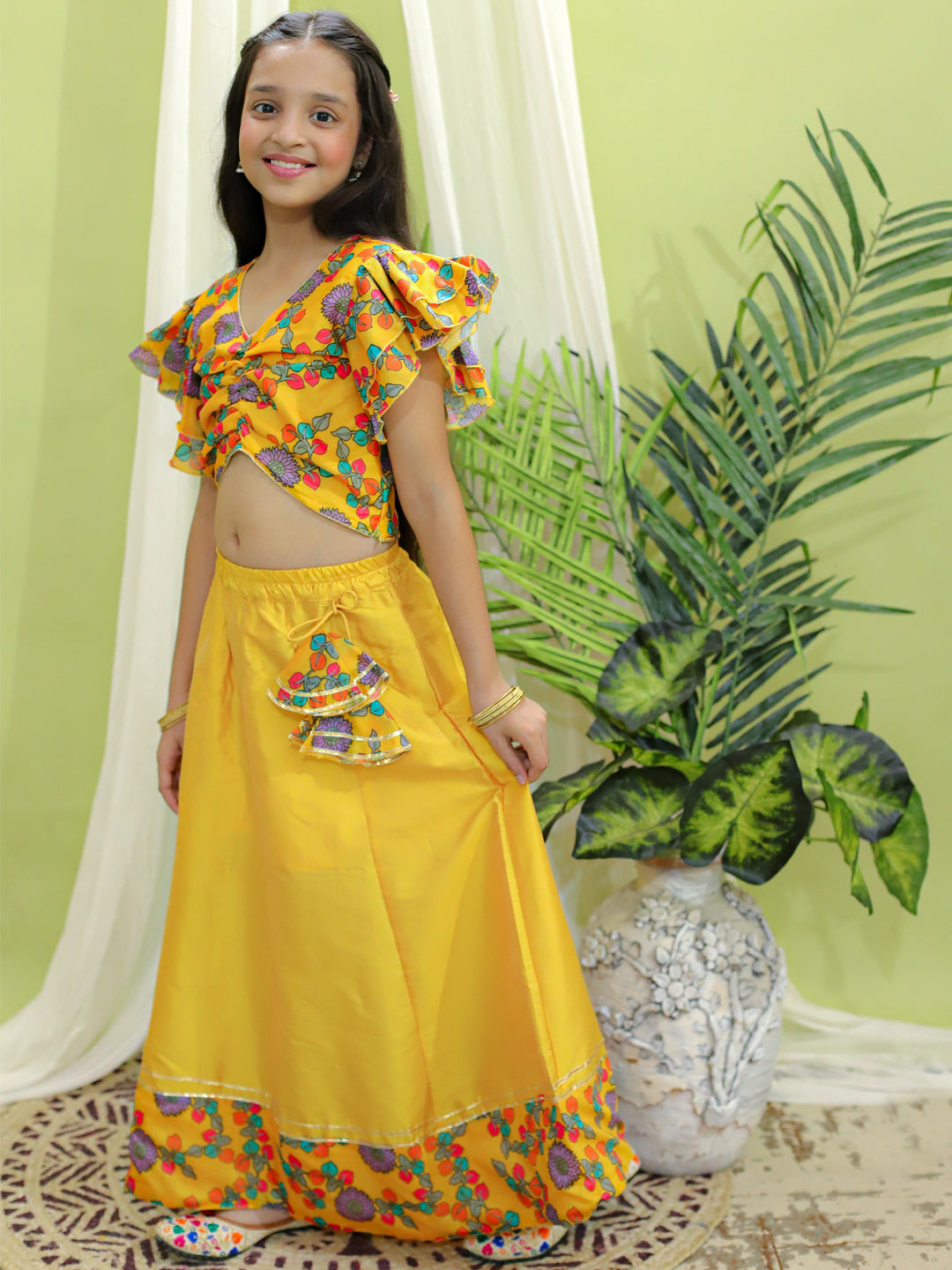 Girls Ethnic Wear Chanderi Floral Print Choli with Lehenga - Yellow NOZ2TOZ - Made In INDIA.