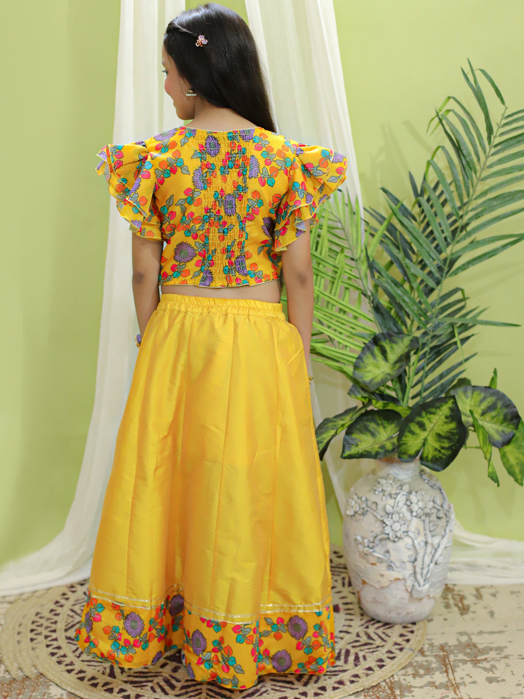 Girls Ethnic Wear Chanderi Floral Print Choli with Lehenga - Yellow NOZ2TOZ - Made In INDIA.