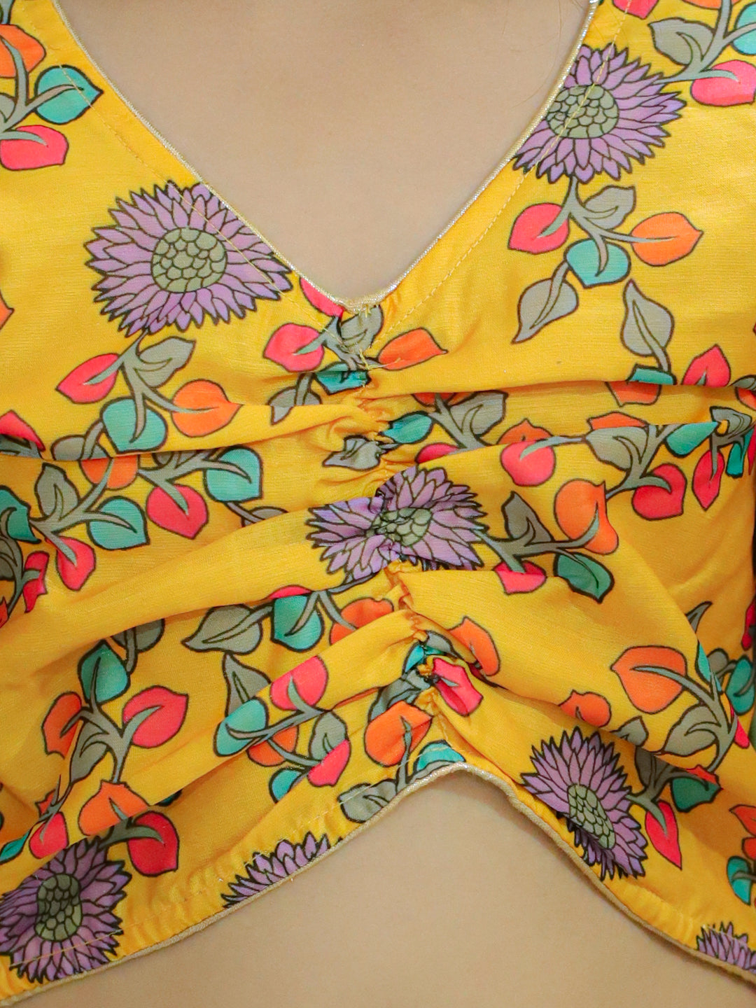Girls Ethnic Wear Chanderi Floral Print Choli with Lehenga - Yellow NOZ2TOZ - Made In INDIA.