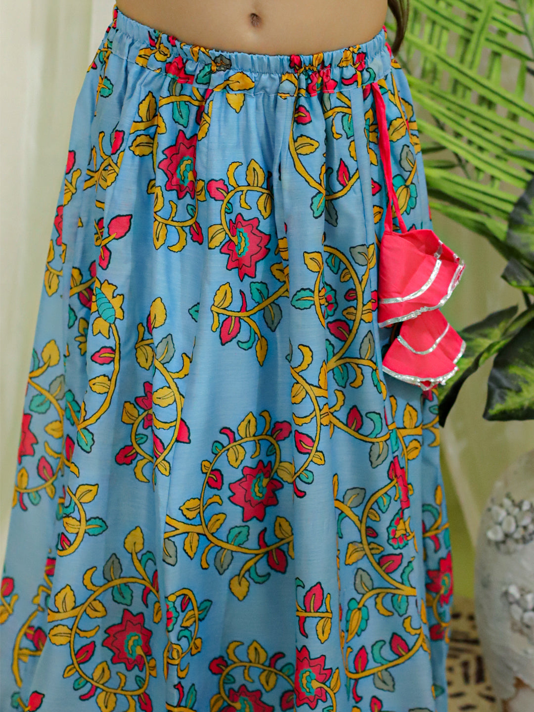 Girls Ethnic Wear Chanderi Floral Print Choli with Lehenga -Pink NOZ2TOZ - Made In INDIA.
