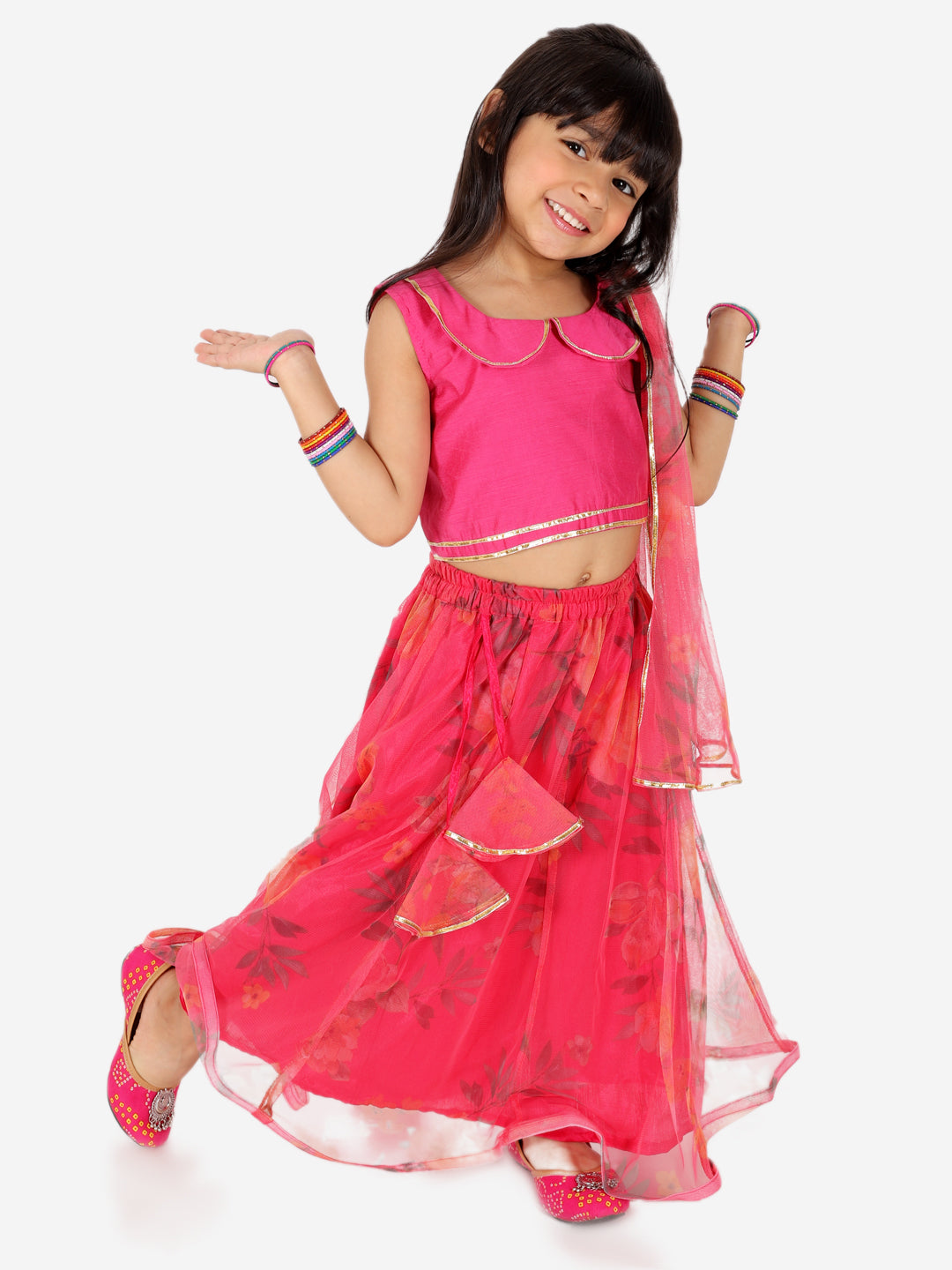 Ethnic Chanderi Choli and Floral print Net Lehenga with Attached Dupatta for Baby Girls- Pink NOZ2TOZ - Made In INDIA.