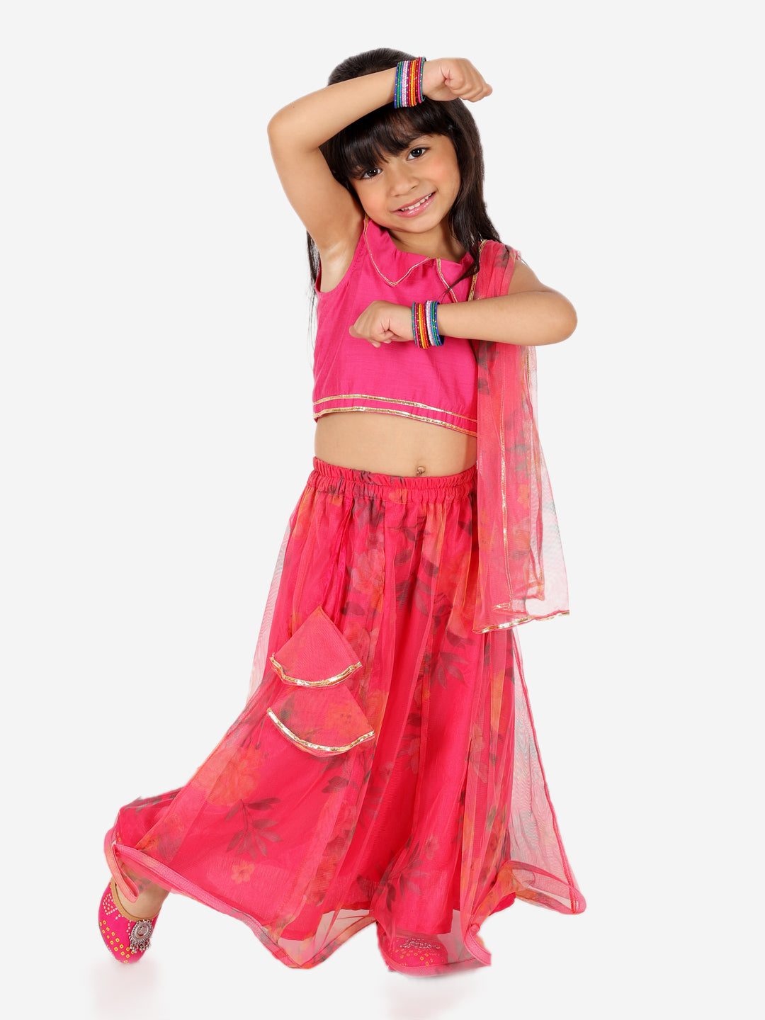 Ethnic Chanderi Choli and Floral print Net Lehenga with Attached Dupatta for Baby Girls- Pink NOZ2TOZ - Made In INDIA.