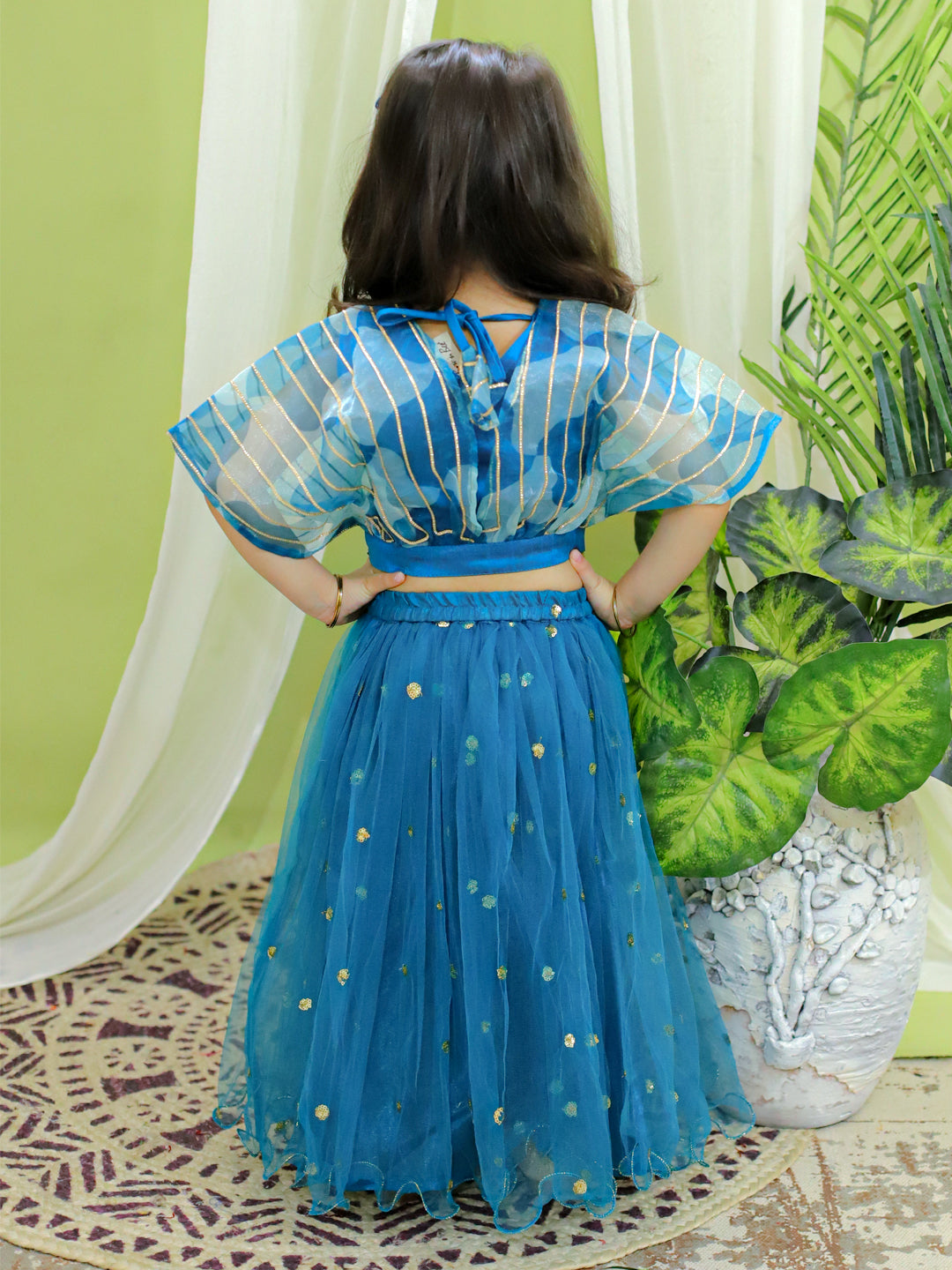 Ethnic Party Wear Girls Organza Cape Choli with Sequined Net Lehenga Blue NOZ2TOZ - Made In INDIA.