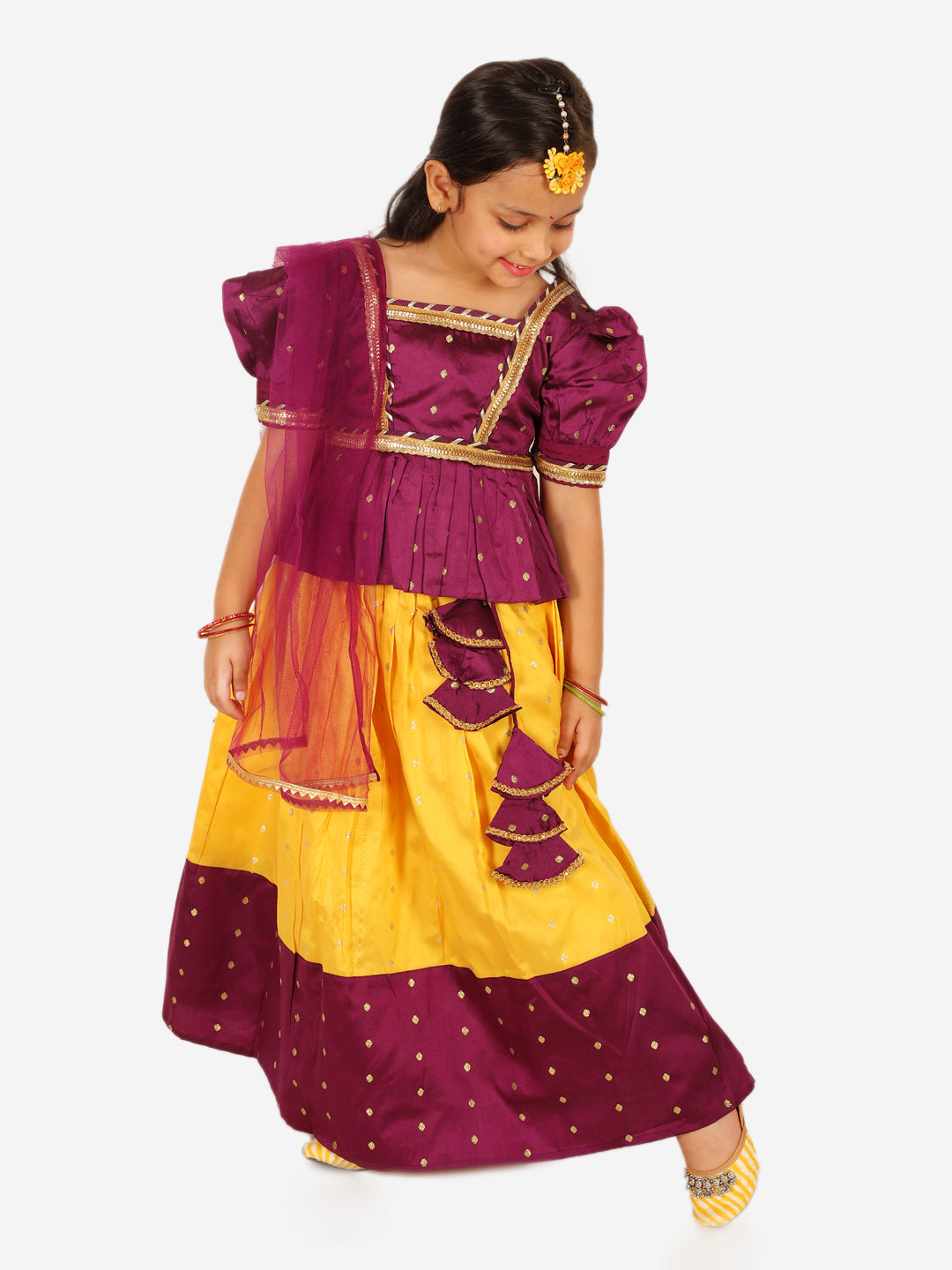 Ethnic Sibling Sets Puff Sleeve Choli Lehenga with Dupatta for Girls- Purple NOZ2TOZ - Made In INDIA.