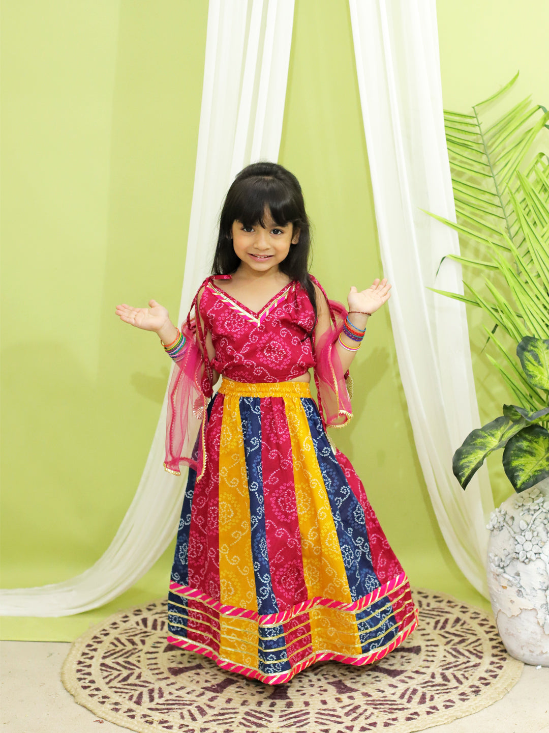 Bandhani Kali Lehenga with Choli and Dupatta for Girls- Pink NOZ2TOZ - Made In INDIA.
