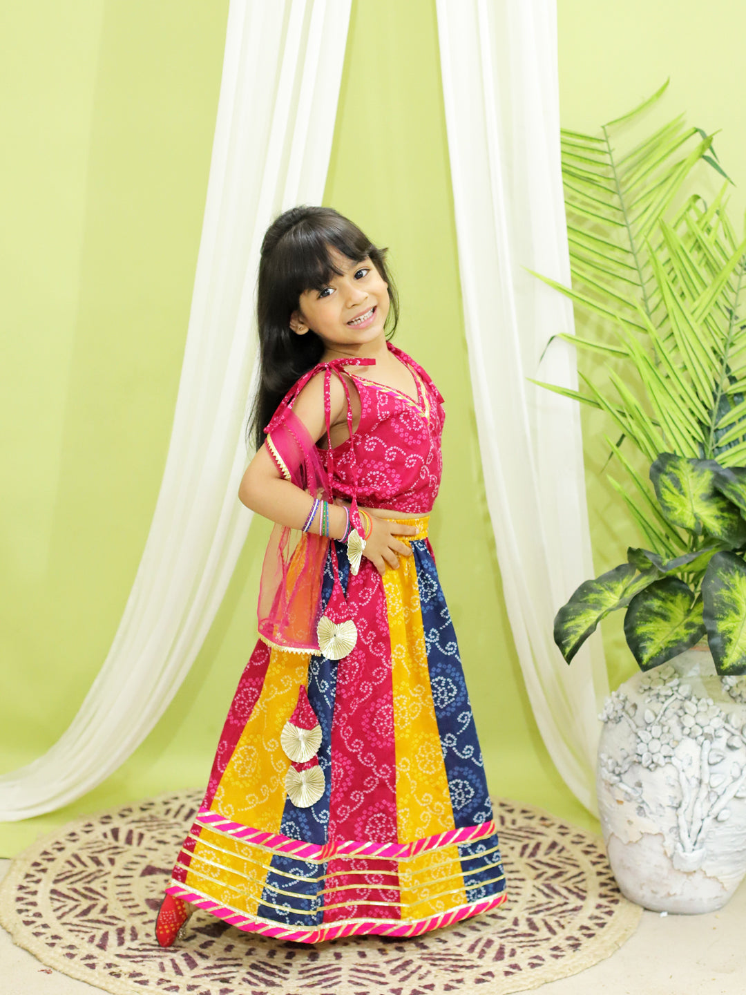 Ethnic Wear Bandhani Kali printed Lehenga with Choli and Dupatta for Girls- Pink NOZ2TOZ - Made In INDIA.