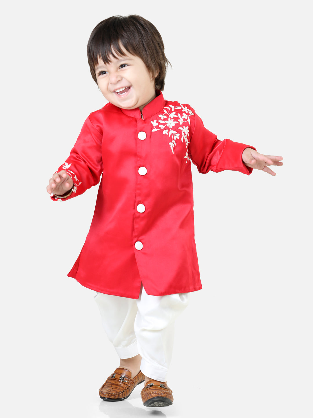 Hand Embroidered Jam Cotton Sherwani Salwar For Boys- Red NOZ2TOZ - Made In INDIA.