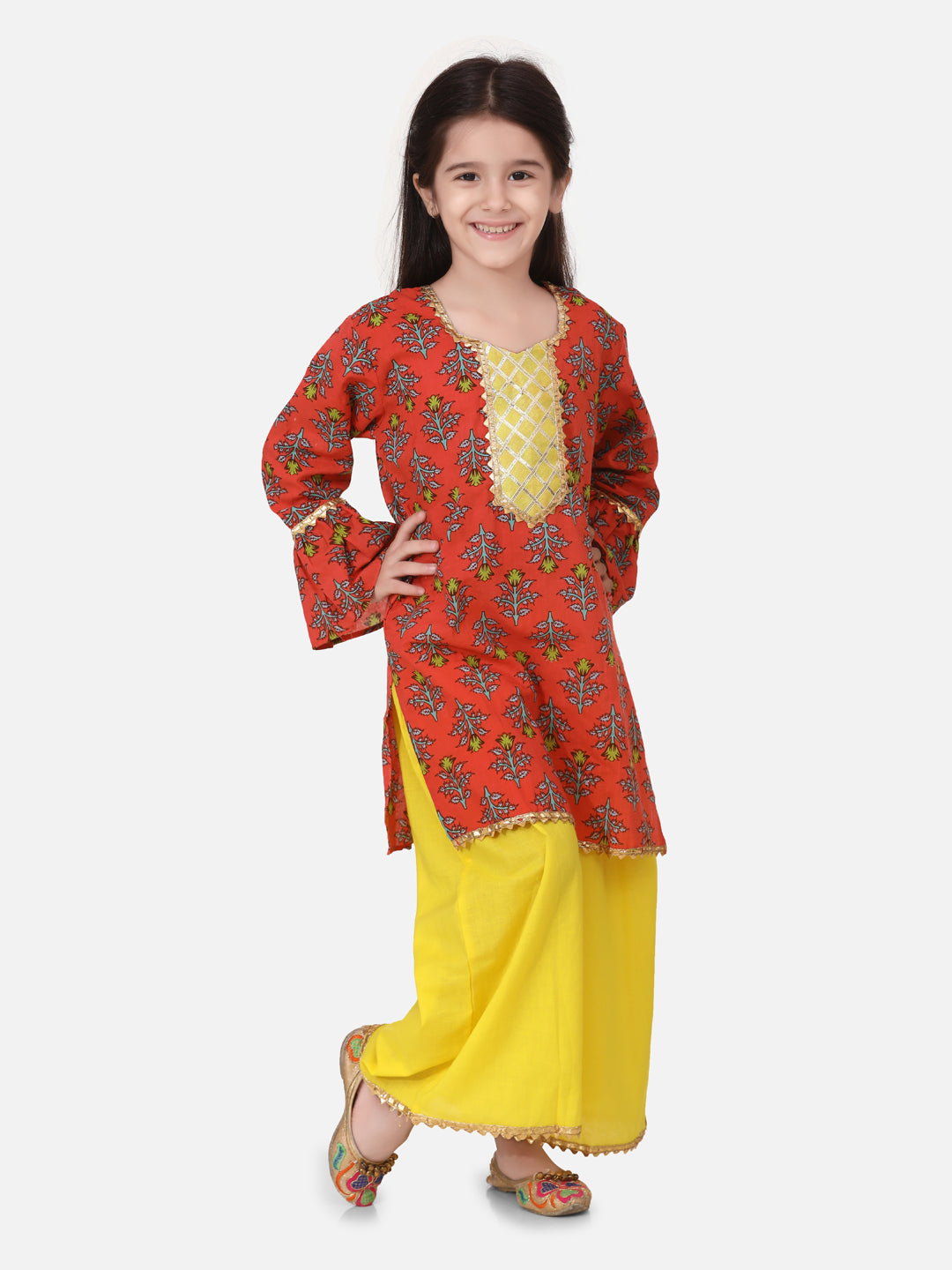 Cotton Hand Block Print Kurti Palazzo Suits sets For Girls- Coral NOZ2TOZ - Made In INDIA.