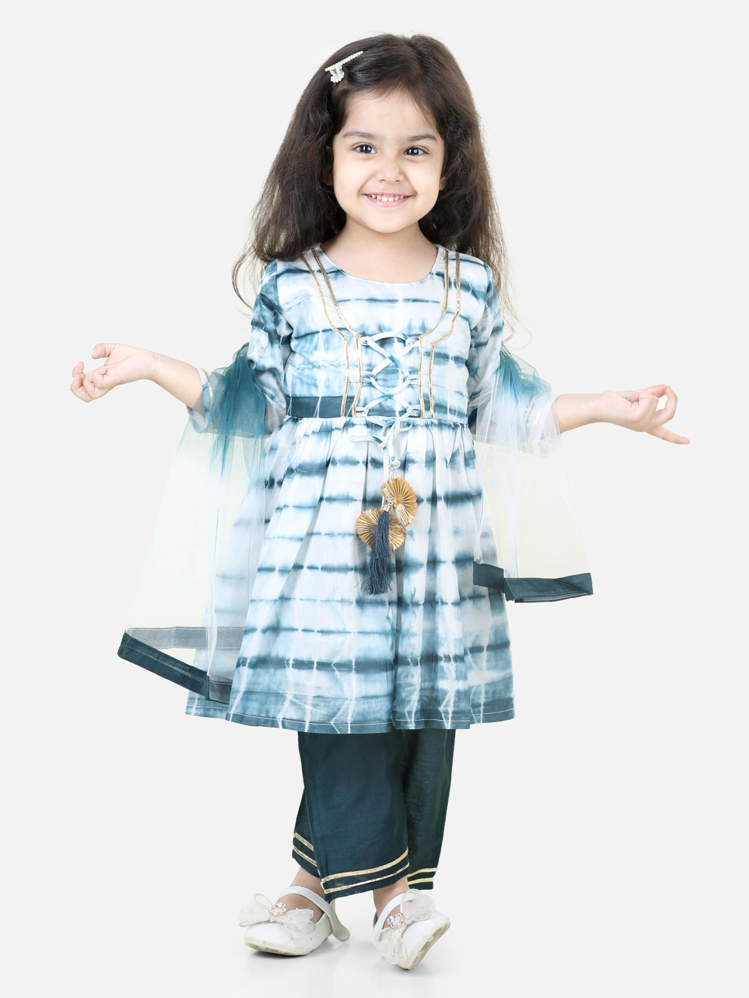 Hand Dyed Chanderi Silk Kurti Pant with Dupatta for Girls- Blue NOZ2TOZ - Made In INDIA.