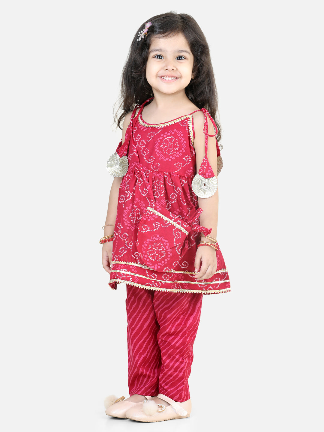 Cotton Printed Off Shoulder Kurti Pant Set with Side sling bag for Girls-Pink NOZ2TOZ - Made In INDIA.