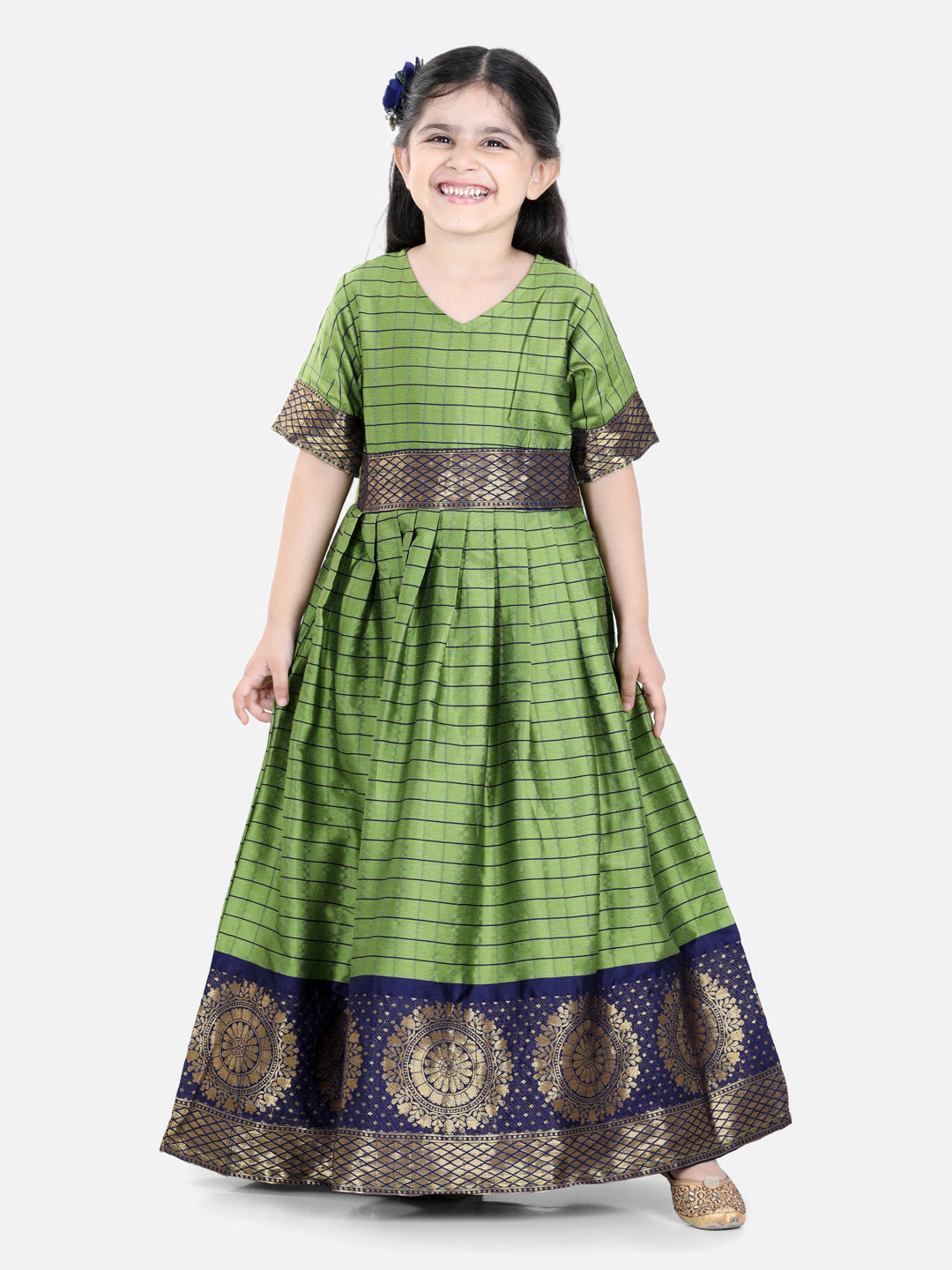 Girls Silk South Indian Party Long Dress - Green NOZ2TOZ - Made In INDIA.