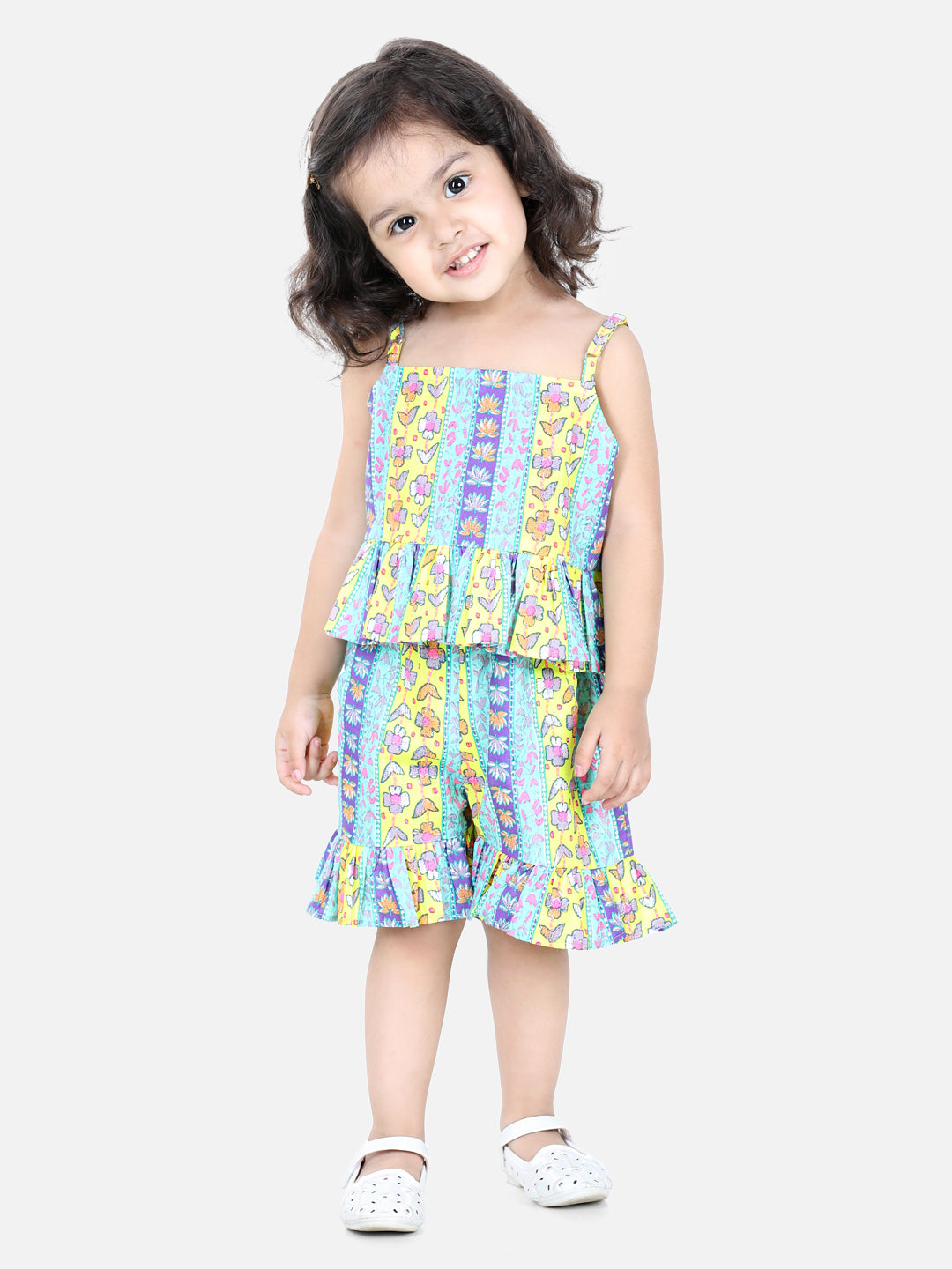 Spaghetti Cotton Top with Shorts for Girls Co Ords - Yellow NOZ2TOZ - Made In INDIA.